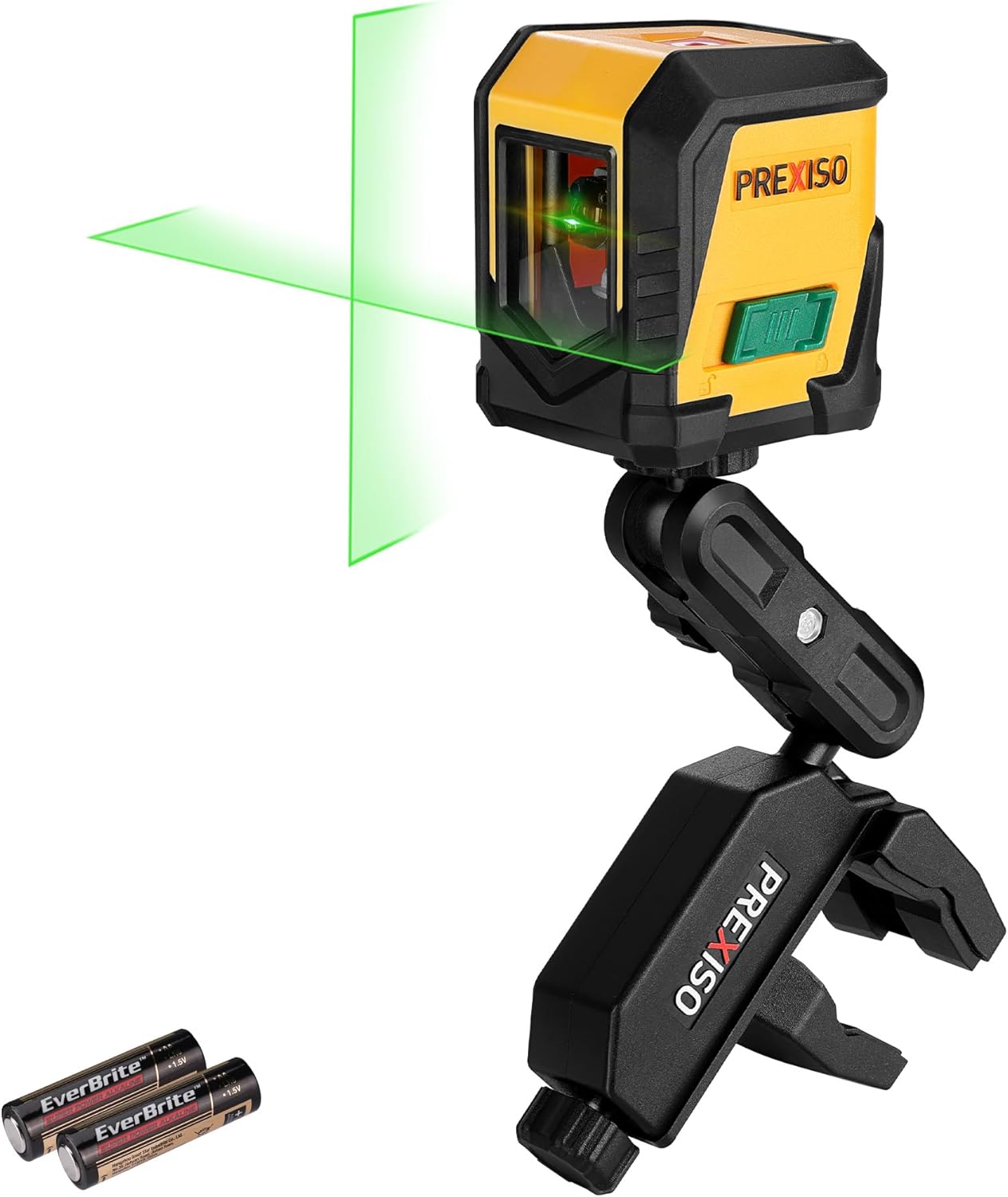 PREXISO Laser Level, 65Ft Self Leveling Cross Line Laser Level, Green Line leveler Tool for Hanging Picture, Floor Tile, Home Renovation with LED Indicator & 2 AA Batteries (360°Clamp)