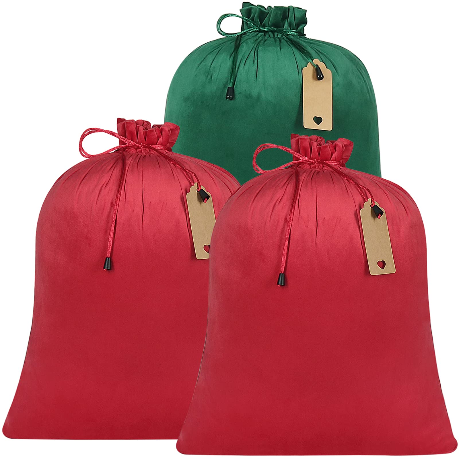 Shintop 3 Pcs Velvet Santa Gift Sack, 16.1x19.8inch Reusable Drawstring Christmas Bags with Kraft Tags Holiday Santa Bag for Xmas Present Toys