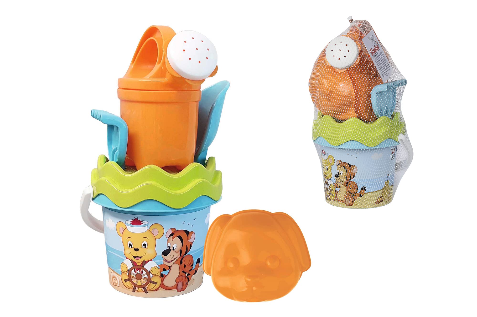Simba- Sandspielzeug Poppy Baby-Set di 6 secchielli, scolapasta, rastrello, irrigatore, 11 cm, Diametro: 14 cm, dai 10 Mesi, 107114605