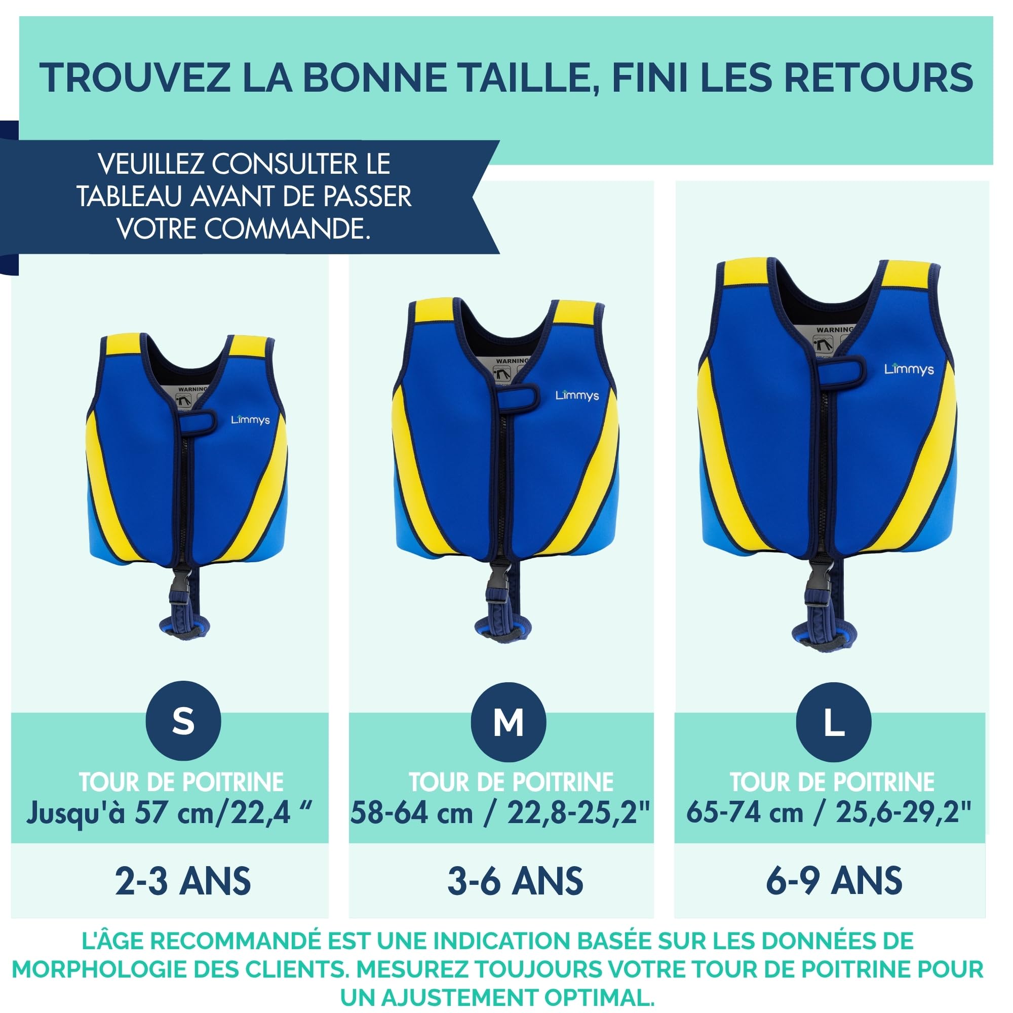 Limmys Gilet de Natation Enfants Aide Flottaison Réglable 8 Panneaux Néoprène Doux CE