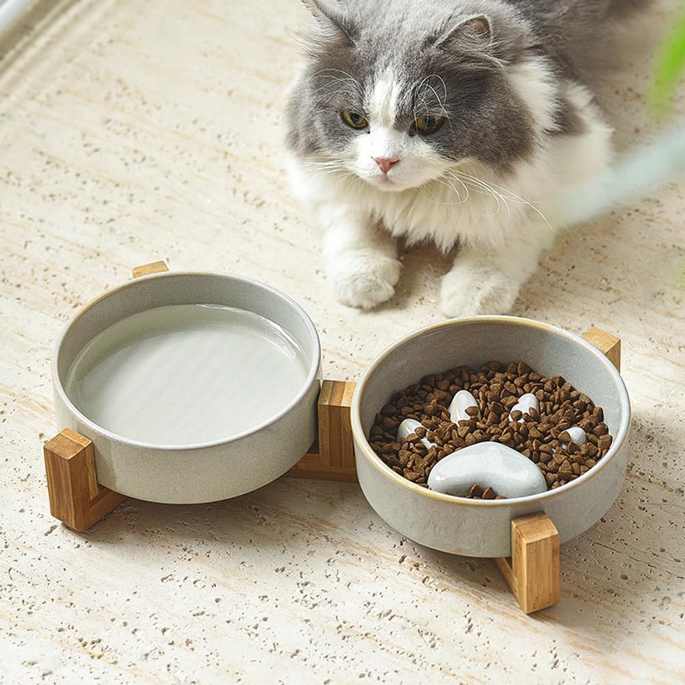Keramik-Hundenäpfe für langsames Füttern, erhöht für kleine und mittelgroße Hunde, Haustier-Futternapf, Doppelnäpfe (grau)