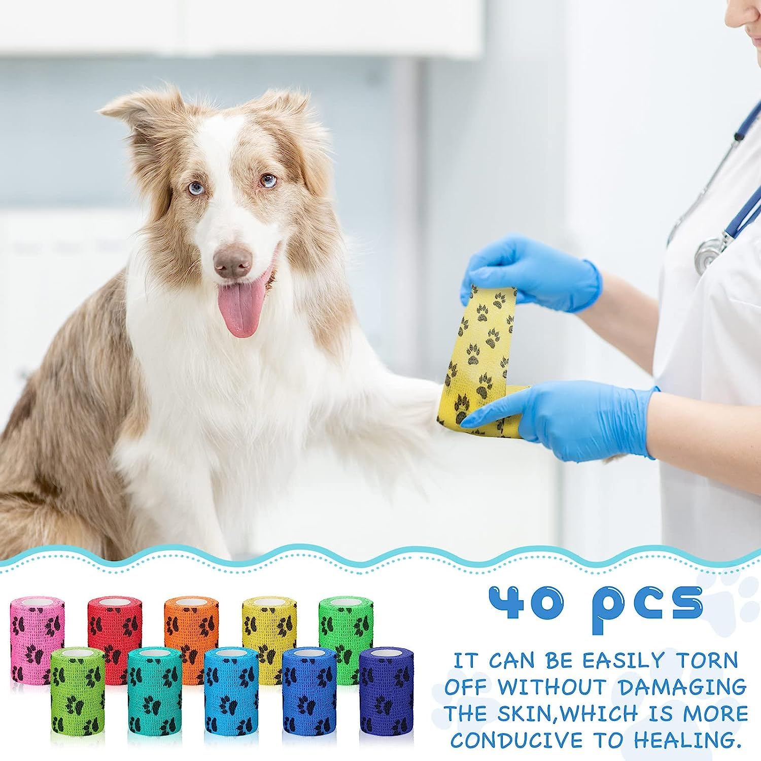 40 Pezzi Benda Autoadesiva Nastro Non Tessuto Bende Coesive Elastiche Cura delle Ferite per Cani Animali Domestici Gatti Distorsioni della Caviglia degli Animali Gonfiore