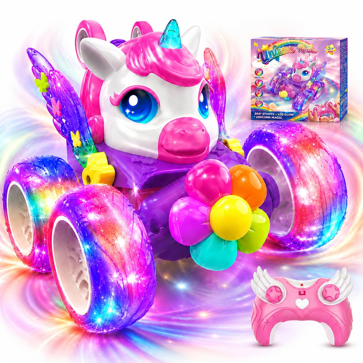 KidQyvo Unicorn Remote Control Car for Girls Age 3-12, Light Up 2.4GHz RC Stunt Car with 360° Rotating Wheels, Rechargeable Unicorn Toy Car, Birthday Toys for 3 4 5 6 7 8 9 10 Year Old Girls
