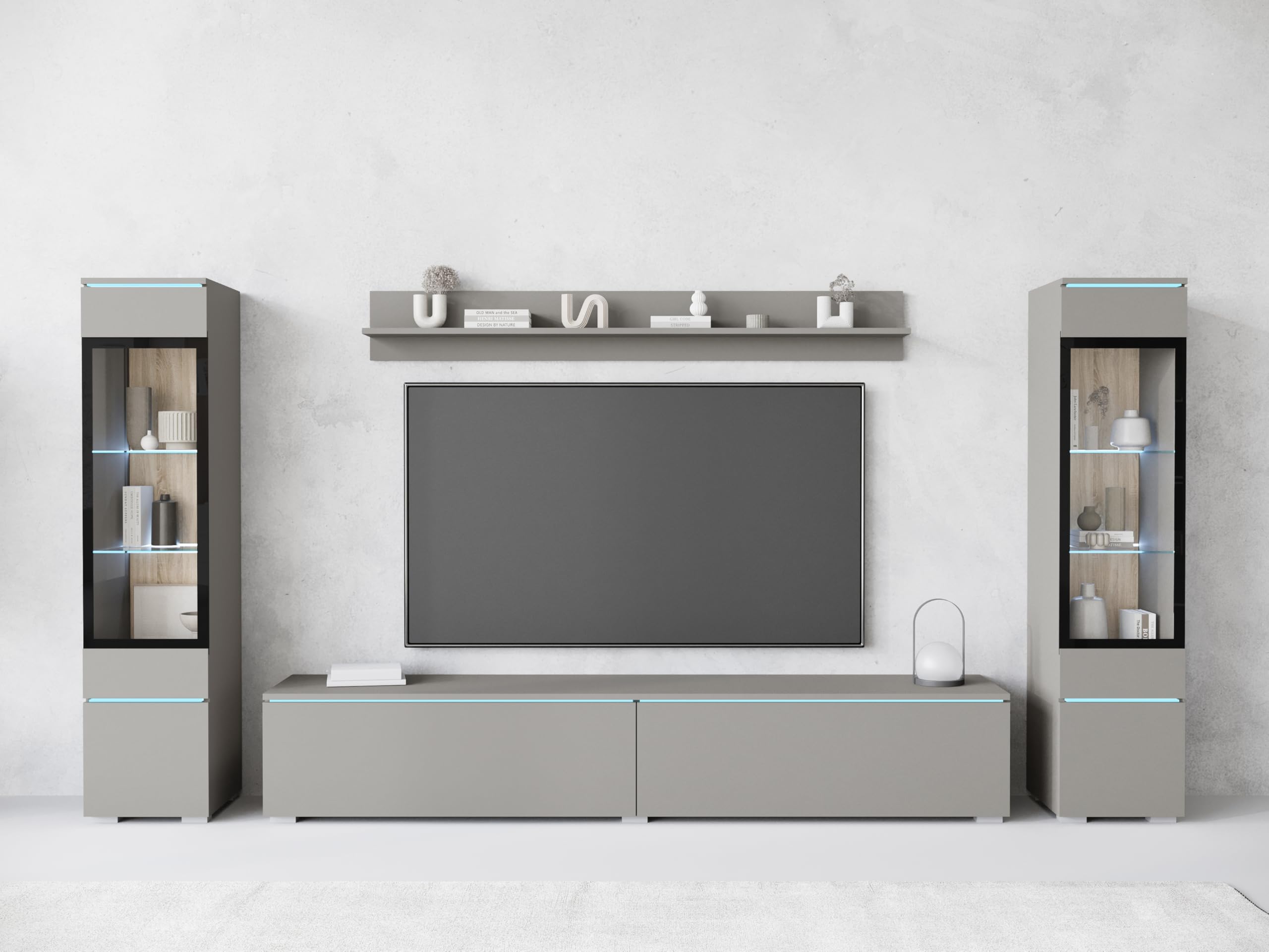 MINIO go for it - Wohnwand 4-Teilig Set Veve 2, Hängend/Stehend - mit LED | Vitrine, Lowboard, Wandboard, Farbe: Grau matt