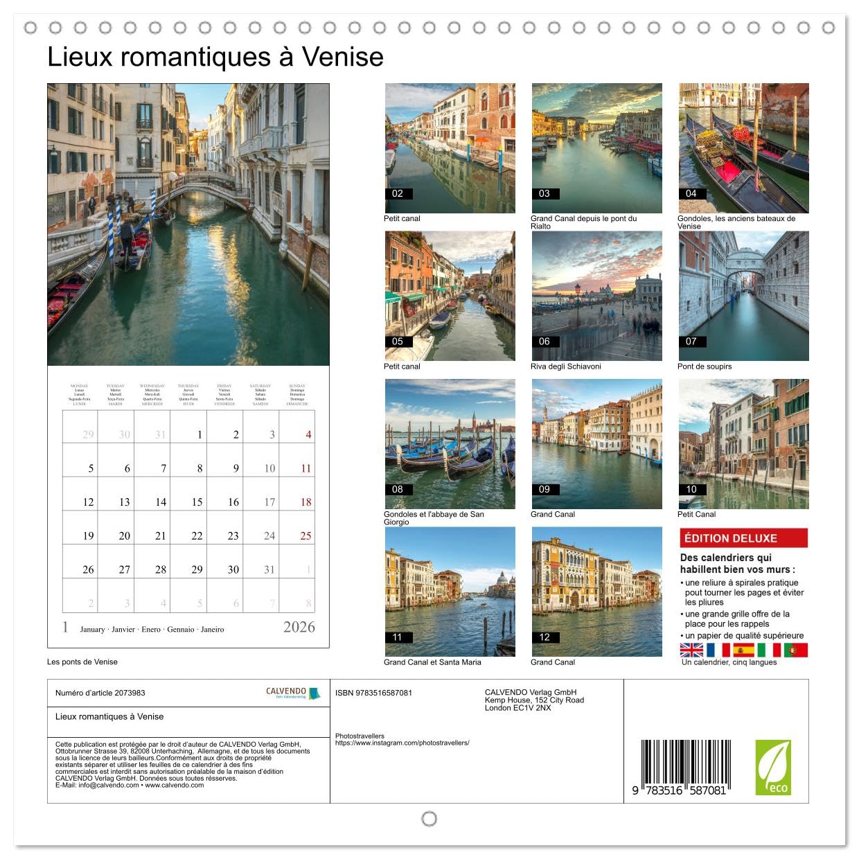 Lieux romantiques à Venise (Calendrier mural carré 2026 30x30 cm) Calendrier double avec une page pour vos prises de notes: La ville aux mille chaînes