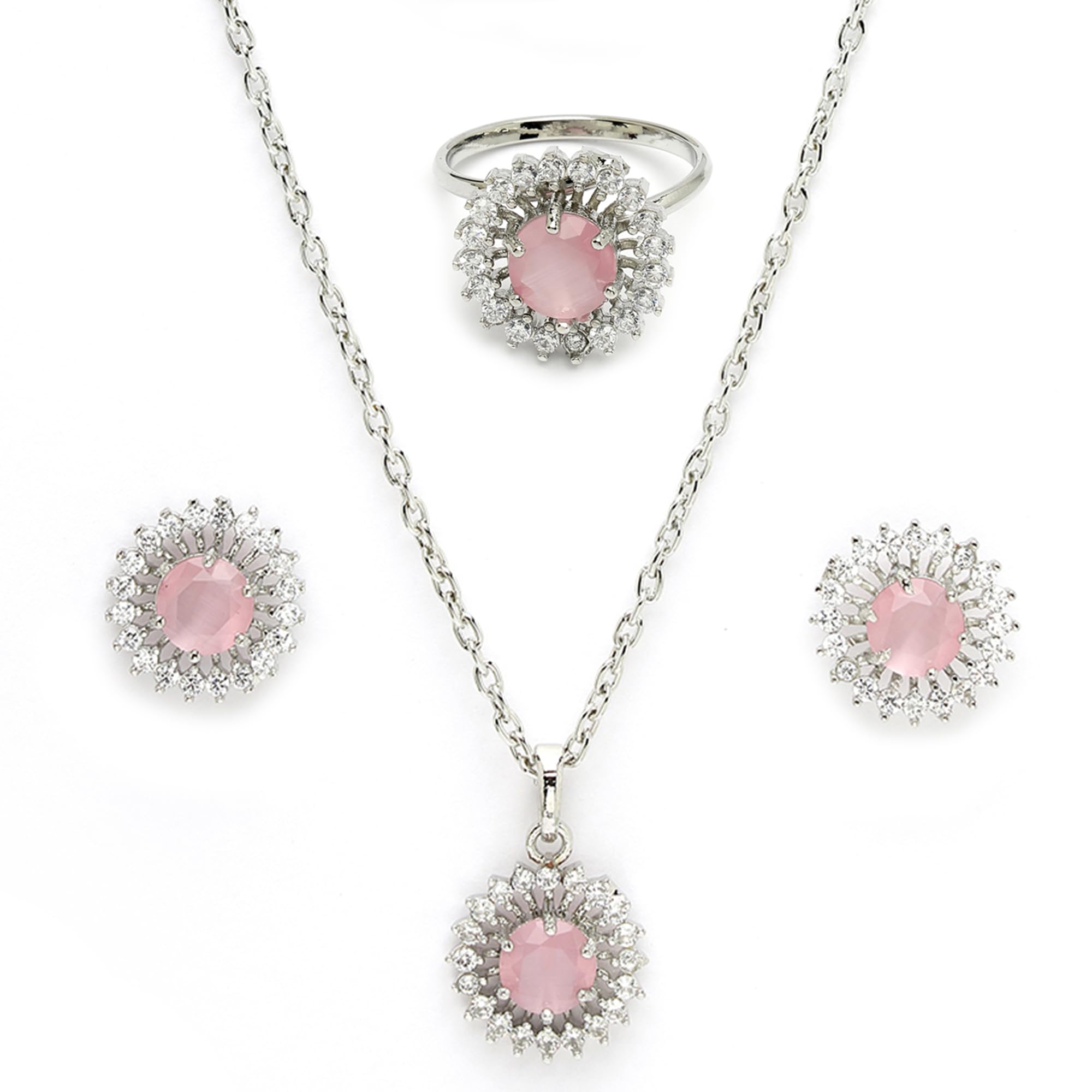 Silver Plated Luxury American Diamond Heart Crystal Pendant Ring & Earrings Combo Jewellery Set For Women | Pendant Gift for Rakhi Jewelry