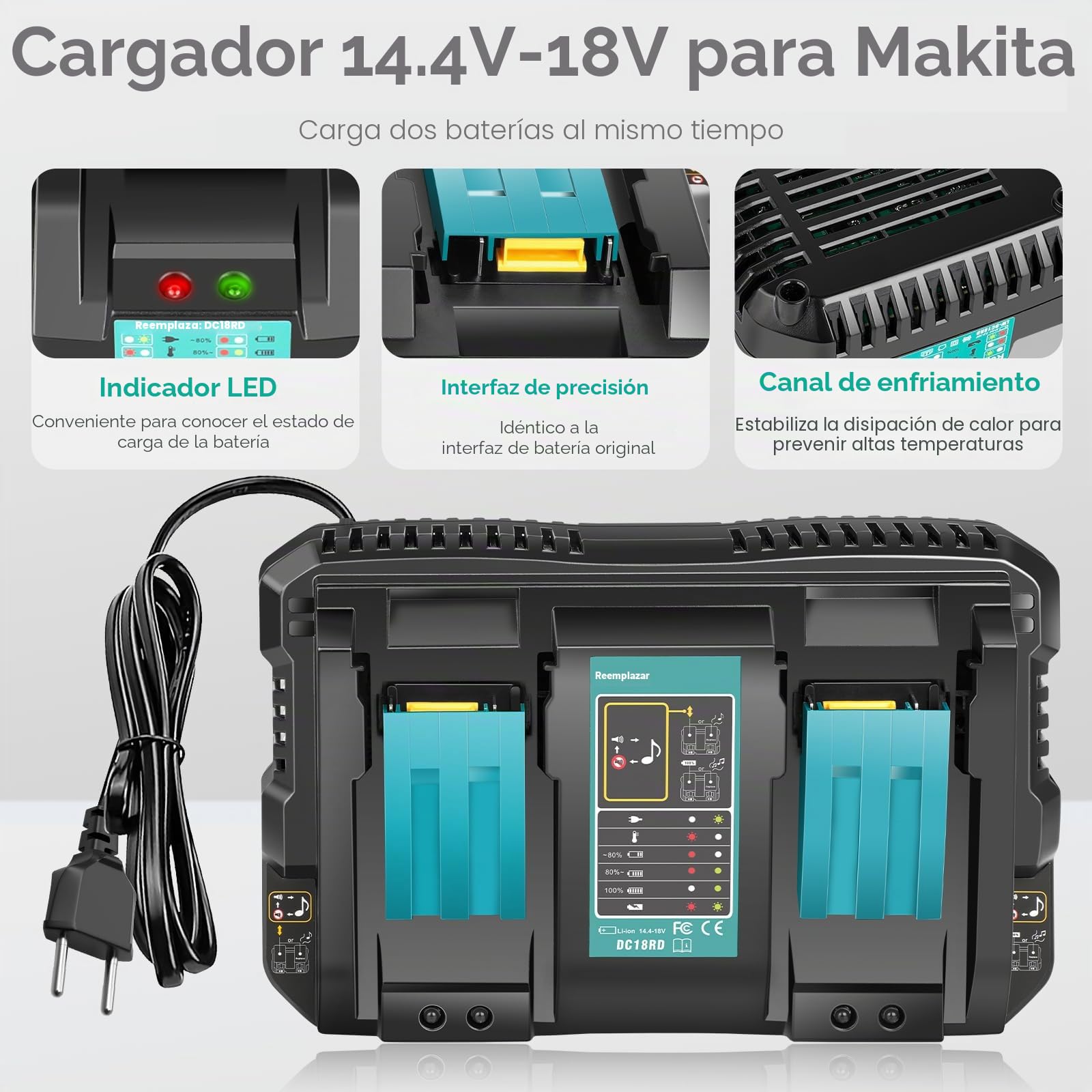 LabTEC Cargador de 18 V con batería para Makita BL1860 2P BL1830B BL1840B BL1850B BL1860B BL1815 BL1820 BL1825 18V 5500mAh Herramientas eléctricas + Cargador de batería para Makita DC18RC DC18RD