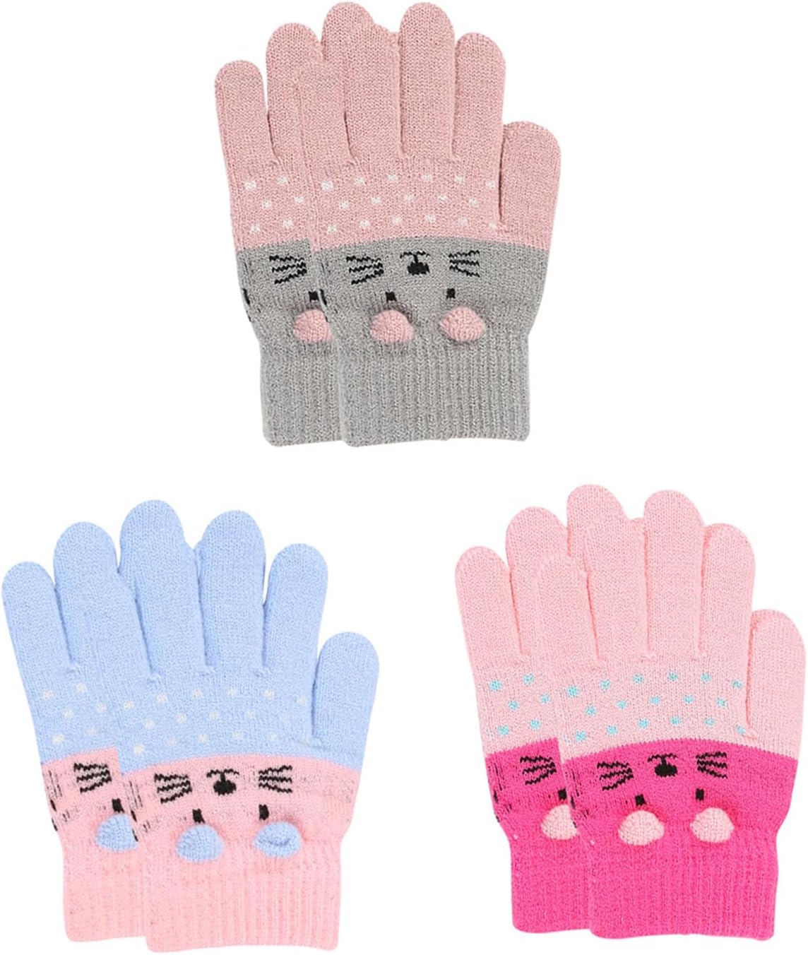 3 Pairs Toddler Gloves Kids Cute Cat Warm Winter Knitted Mittens for Girls 2-6 Years old