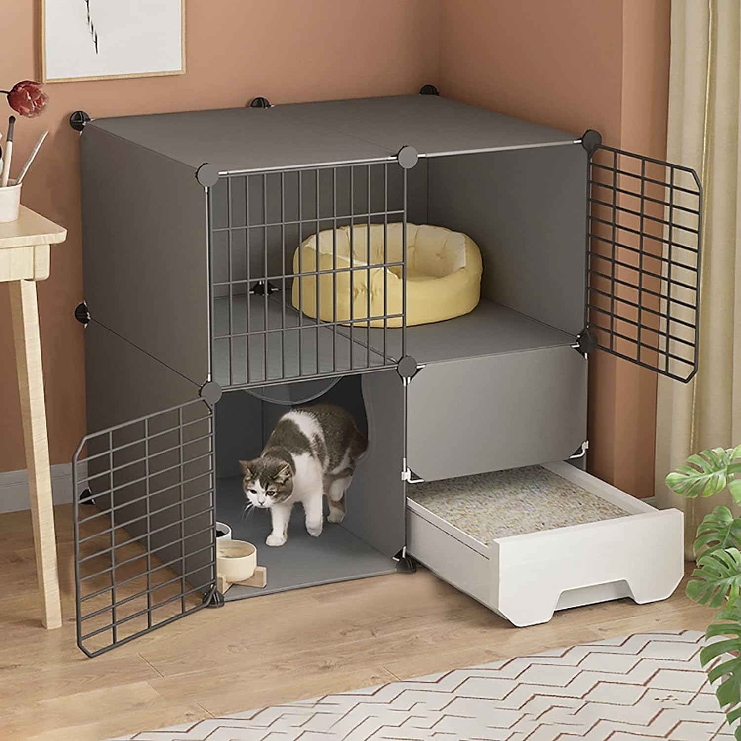 asdchZen Cat House Cat Cage With Cat Litter Box,Cat Cages Indoor 2/3 Tier Cat Crate Pet Cages For Cats,Exercise Place Ideal For 1-3 Cat For Cat And Small Animals,75X49X73Cm