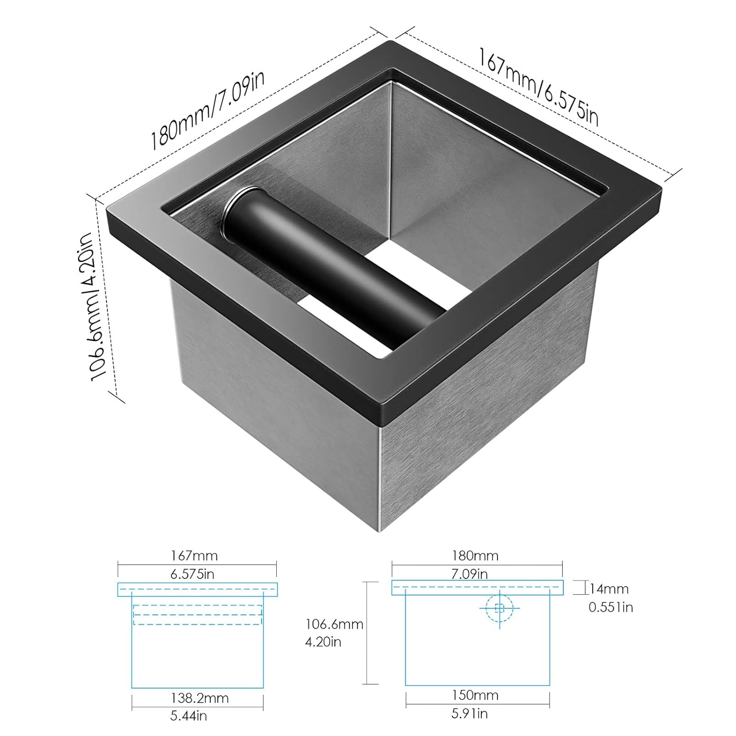Stainless Steel Bottomless Knock Box Chute for Home, Cafe, Restaurant