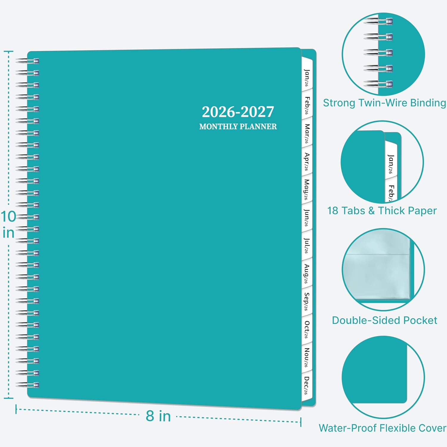 2026-2027 Monthly Planner, 18 Monthly Calendar Planner, January 2026 - June 2027, 8’’ x 10’’, 2026 Spiral Agenda with Tabs ＆Pocket, Flexible Cover, Organizer Notebook for Office Home School, Green thumbnail