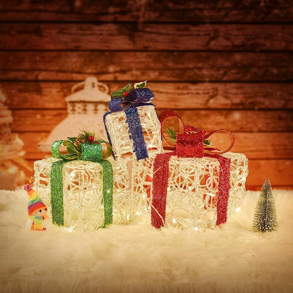 Ozdoby świąteczne pudełka na prezenty, 3 rozmiary Christmas Light Up Zestaw paczek Dekoracyjne światło LED na bożonarodzeniowe podwórko Wystrój domu Ozdoby choinkowe, czerwony + zielony + niebieski