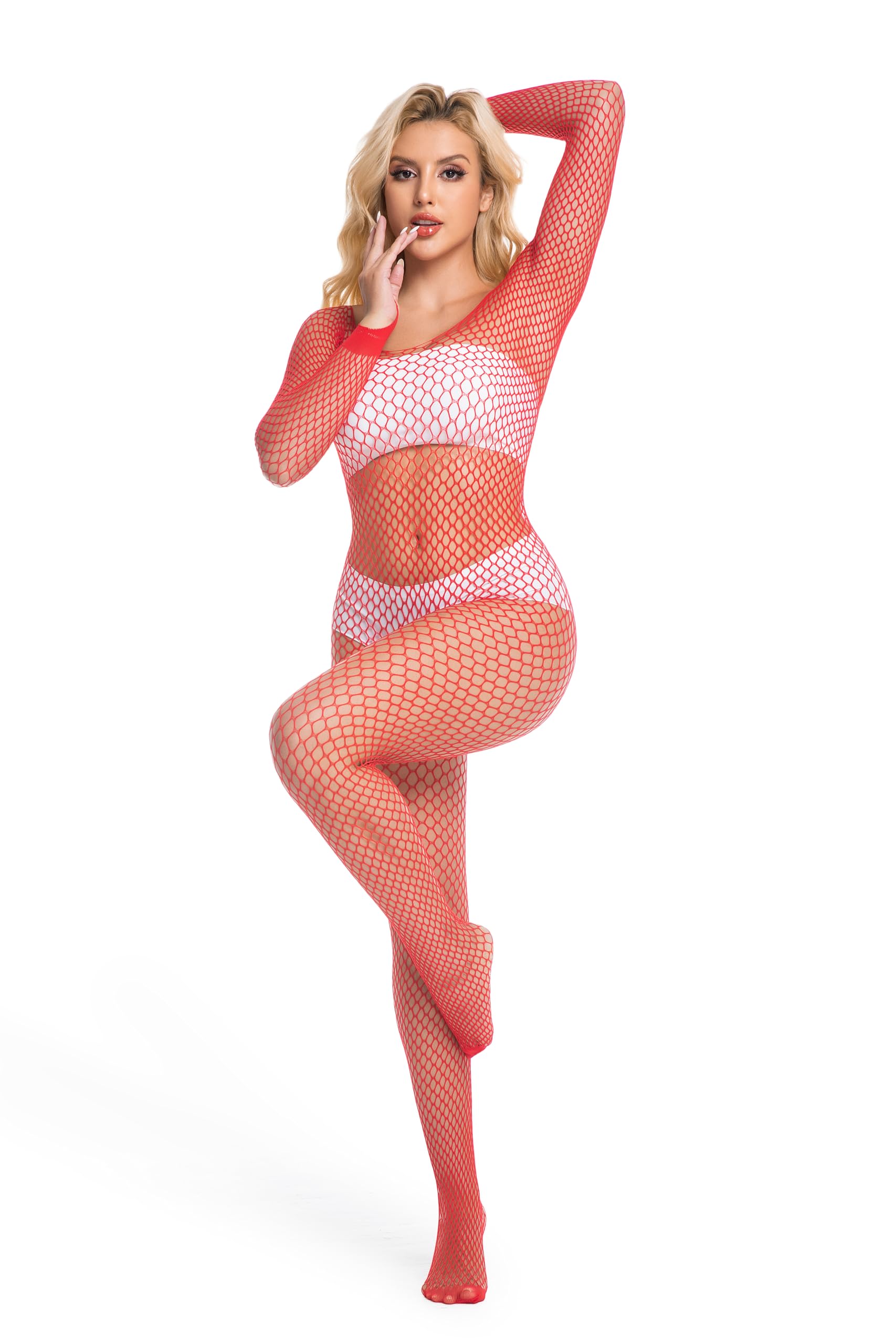 Amashion Women Fishnet Bodysuit Mesh Elastic One Piece Bodystockings Teddy Lingerie for sexy (Green, onesize): One Size Red