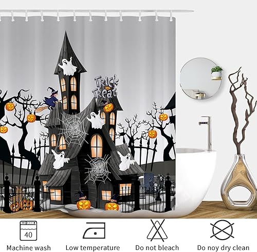 Miniatura 2 de ARESD Cortina de ducha de Halloween para baño, cortina de baño de tela de araña, tela de poliéster, impermeable, decoración de Halloween, con 12