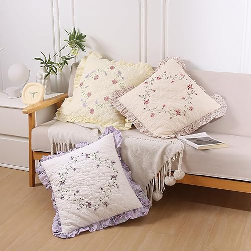 Miniatura 4 de vctops Juego de 2 fundas de almohada cuadradas decorativas de algodón con volantes y diseño floral suave para sofá, cama (flor B, 18 x 18 pulgadas)