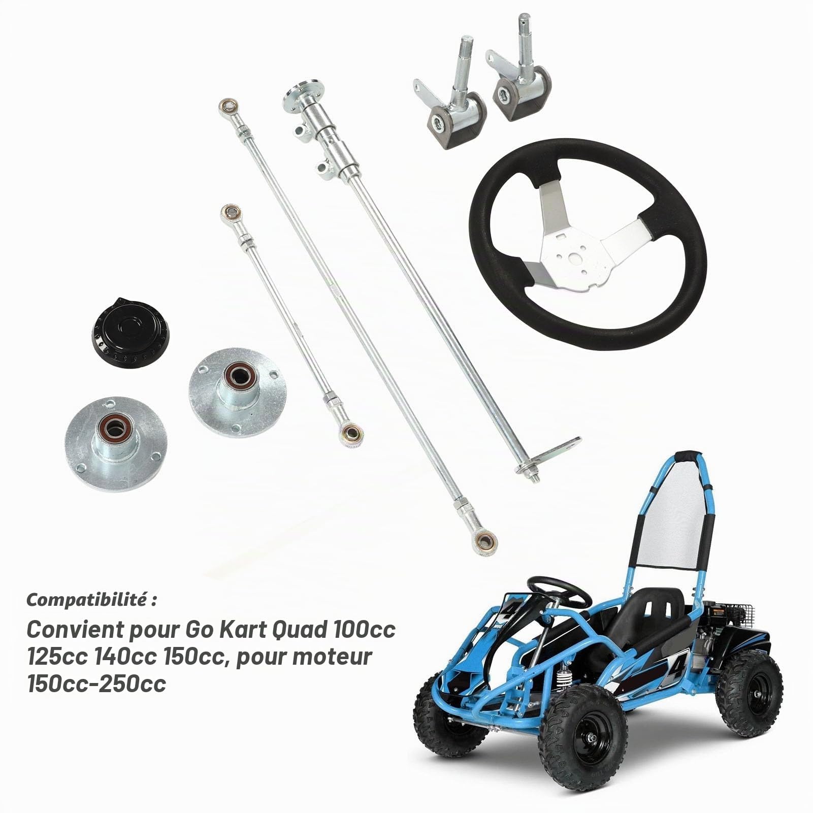 Kit de Direction Kart, Go Kart Wheel avec Accessoires en Métal Go Pièces pour 100 125 140 150 Quad