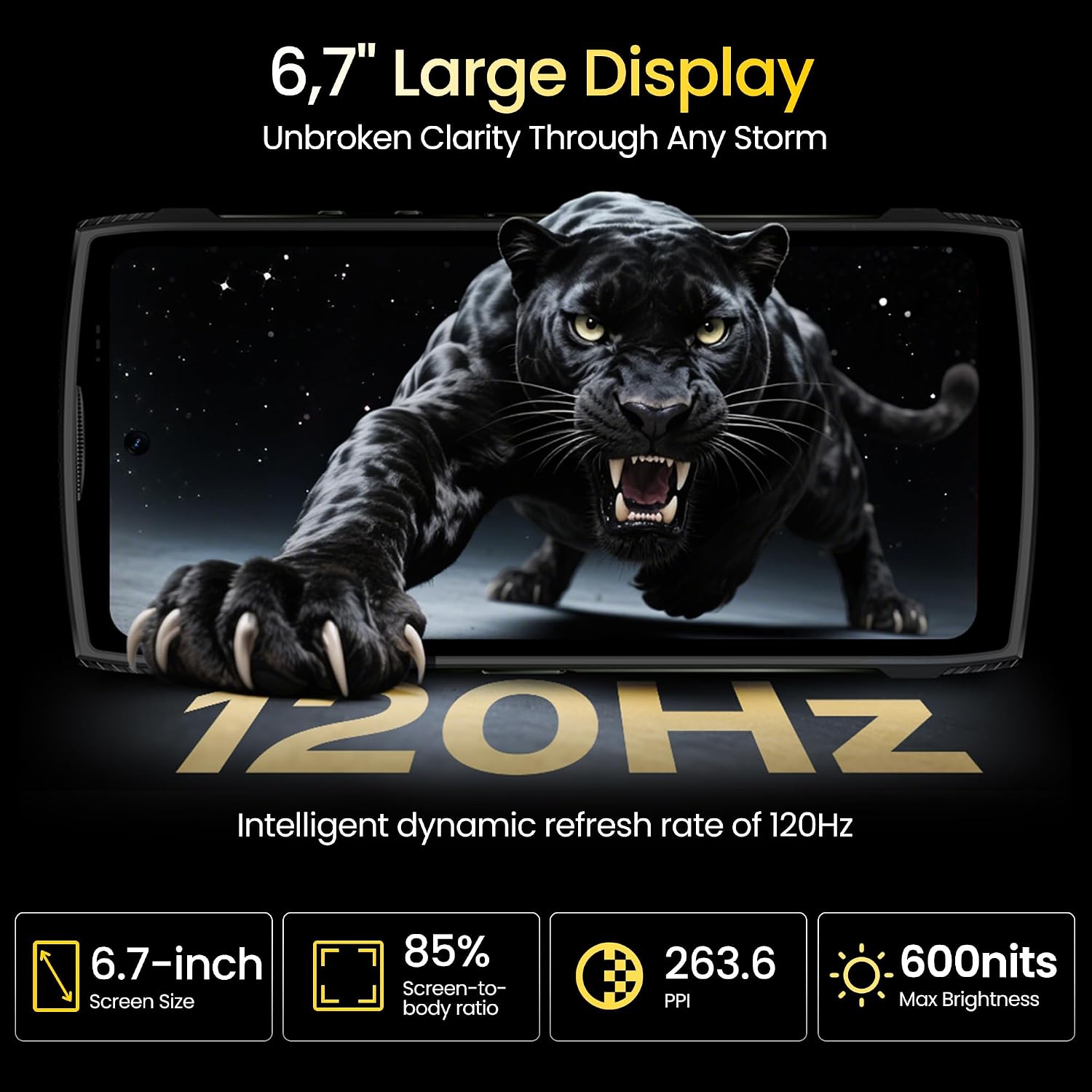 Panther 2 Pro Rugged Phone Android 16, 24GB + 256GB Outdoor Rugged Smartphone, 50MP Rear Camera, Gemini AI 6.7'' 120Hz, 5150mAh, 4G Dual SIM IP69K Waterproof, Fingerprint/NFC/OTG/GPS - Black