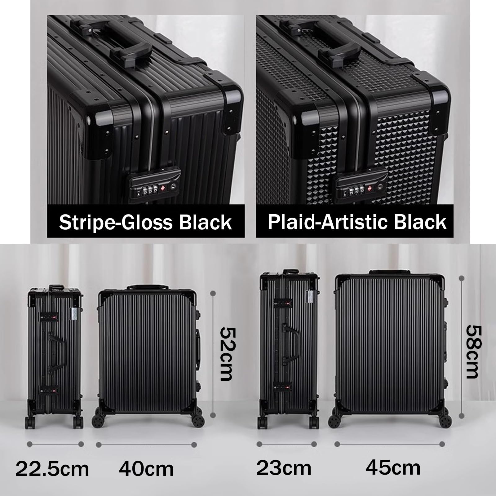 Aluminiowa kosmetyczka, z 4 kółkami na kółkach, 8 światełkami i lustrem, kosmetyczka na kosmetyki Wózek podróżny Kosmetyczka (czarny pasek) (Black Stripe 58X45X23cm)