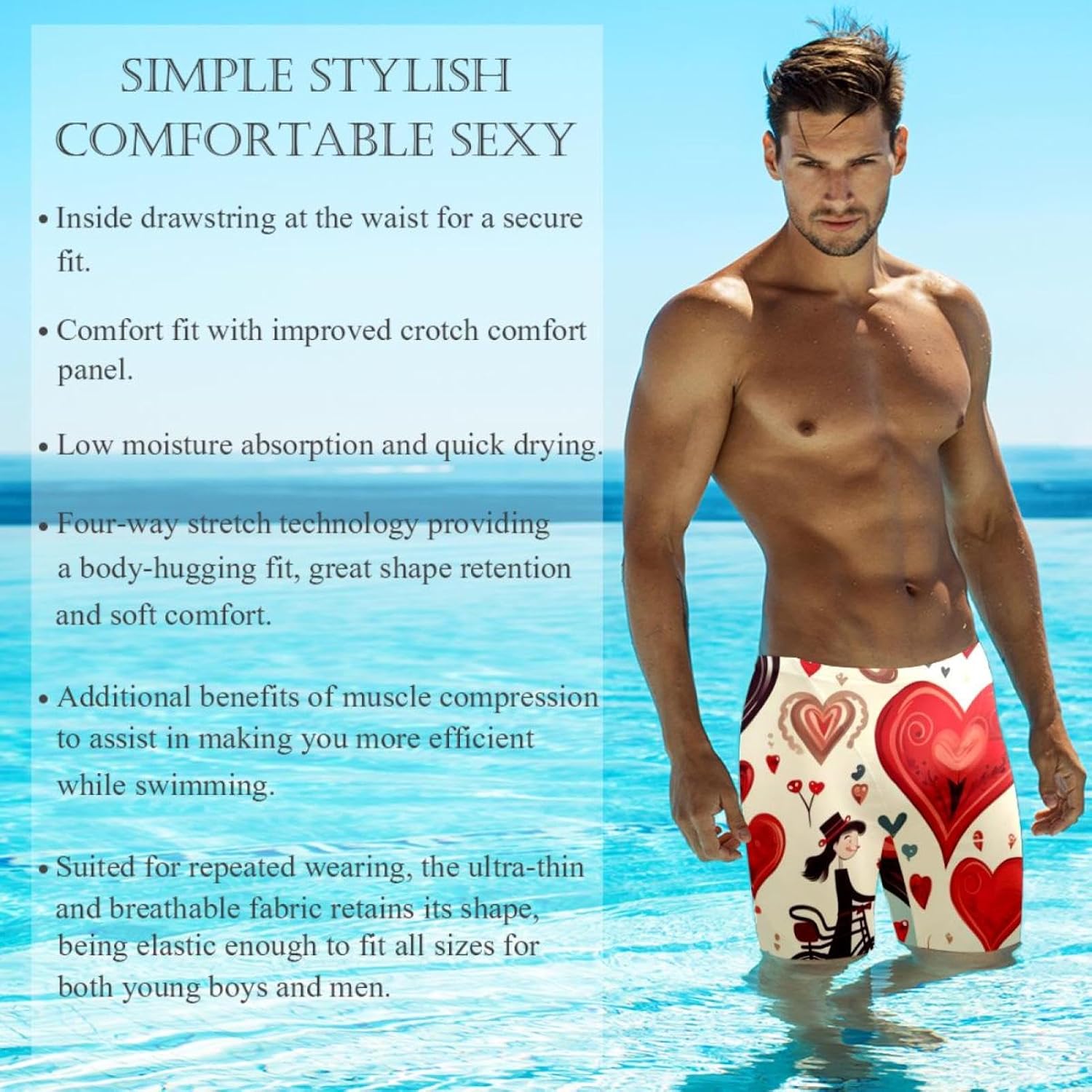 Valentine's Day Jammers for Men, Size S to 3XL Swim Jammer Swimsuit for Practice and Competition Swimming