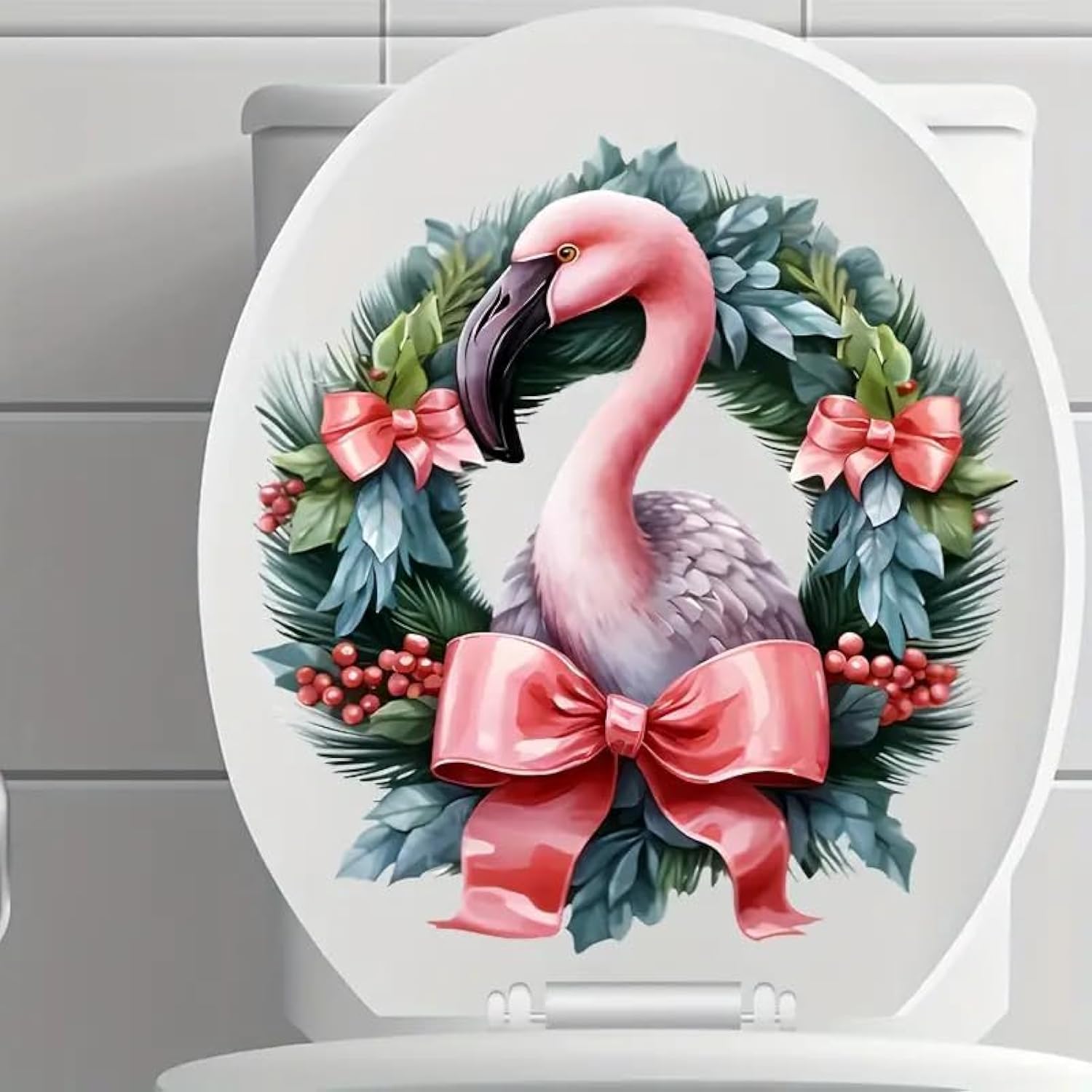 Christmas Flamingo Toilet Cover Sticker Decals,Fish Bird Flower Leaf Waterproof Toilet Lid Tank Seat Decals Cistern Self-Adhesive Bathroom Wall Sticker