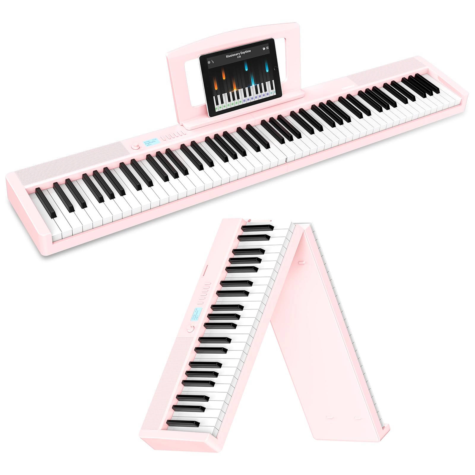 TERENCE Piano digital para adultos, instrumento musical con 88 teclas ponderadas, batería de 1800 mAh, 2 altavoces de 25 W, piano plegable, portátil, compatible con Bluetooth e interfaces MIDI,Rosa