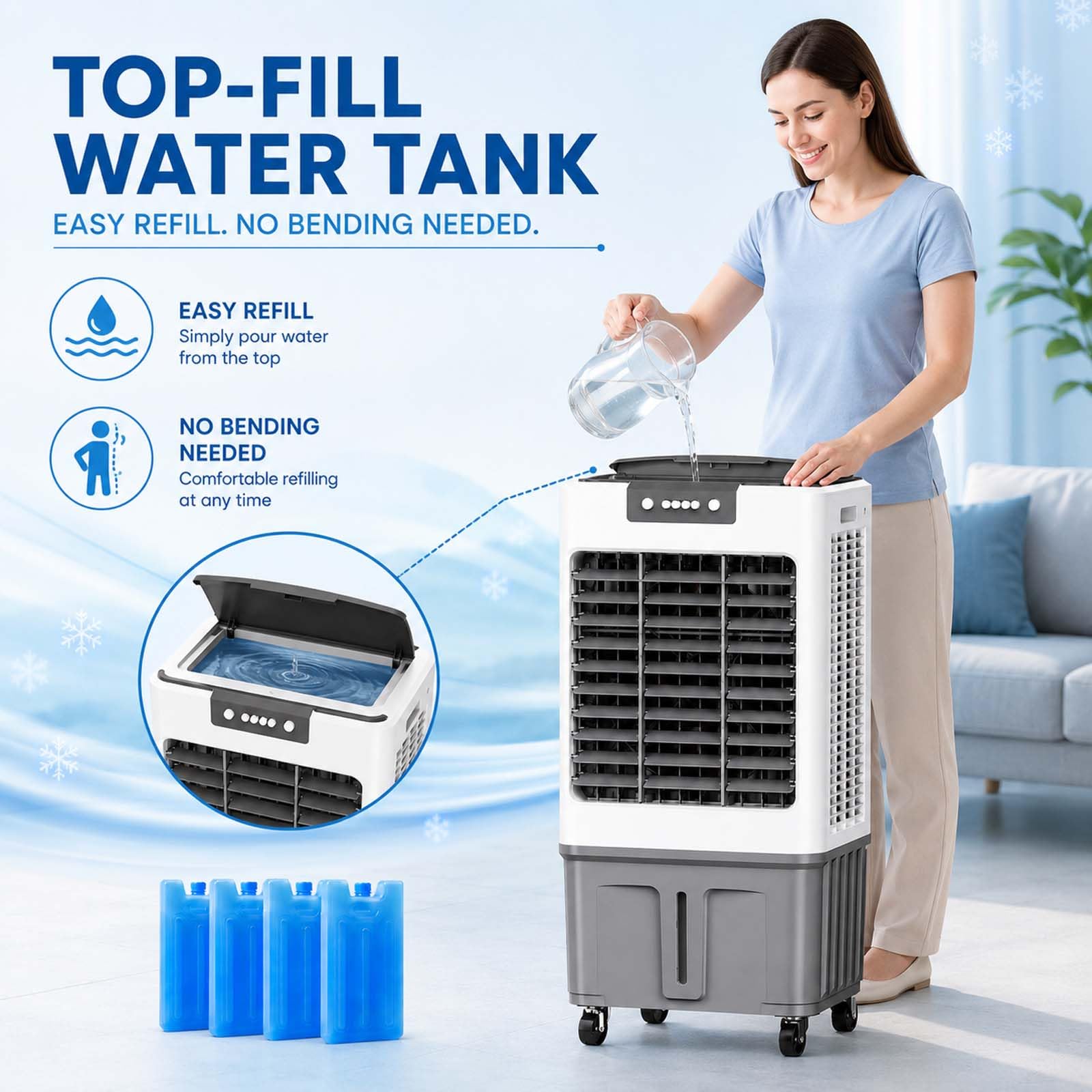 Climatizador Evaporativo Industrial, Sin Tubo con Botones, Ventilador Climatizador para Enfriar, Lamas Oscilantes, 4 Acumuladores de Frío, Temporizador 24 Horas, para Hogar y Oficina