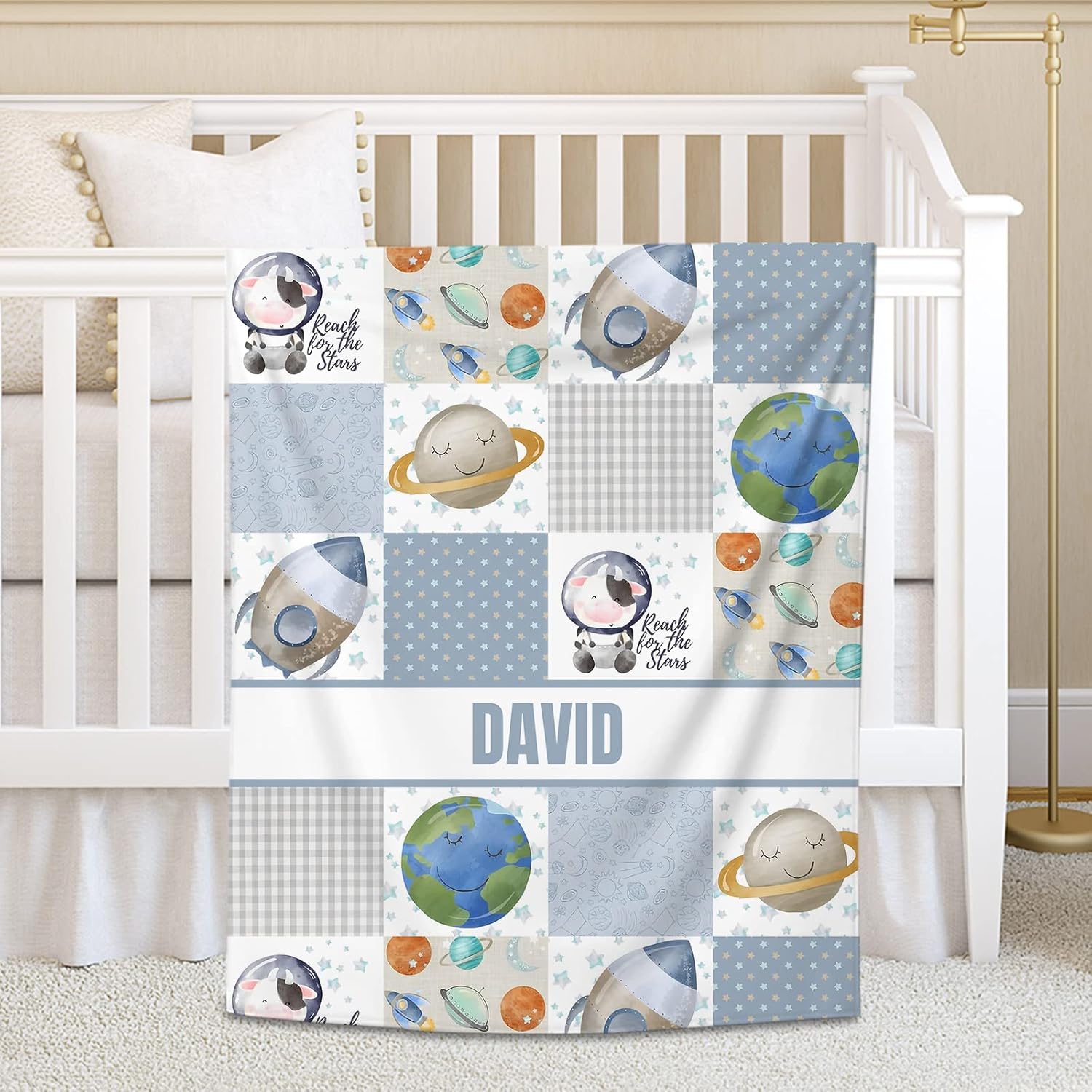 Personalized Baby Blankets with Name, Custom Baby Blanket for Boys Girls - Space Cow Minky Baby Blanket - Nursery Decor -Soft Infant Toddler Baby Newborn Blanket, Name Crib Comforter
