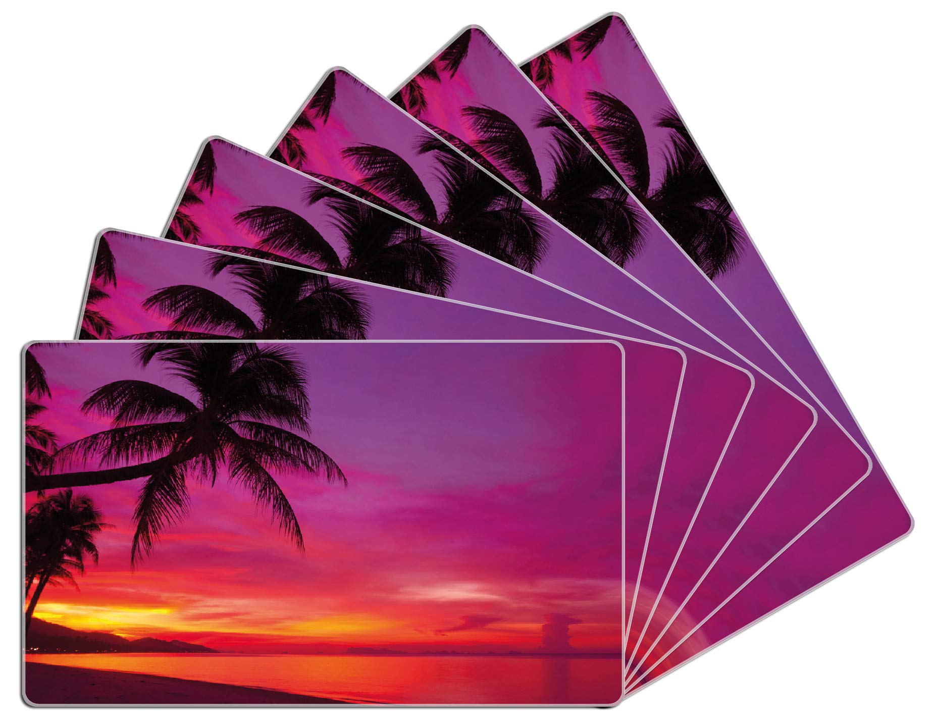 Wallario 6er Set Frühstücksbrettchen aus Glas, Glasunterlage, Glasbrettchen Abendrot unter Palmen - Pinker Himmel am Strand, Größe 14 x 23 cm, Sicherheitsglas