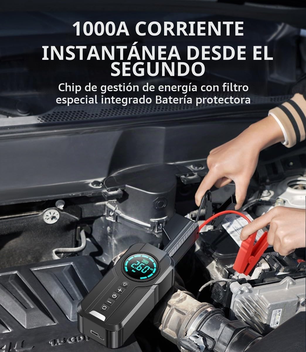 Arrancador BateríA Coche PortáTil con Compresor Aire, Arrancador BateríA Coche 10000 mAh (5,0 Gasolina/3,0 L DiéSel), Caja Salto Pico 12 V 1000 A, Arrancador BateríA Coche con Pantalla(Black)