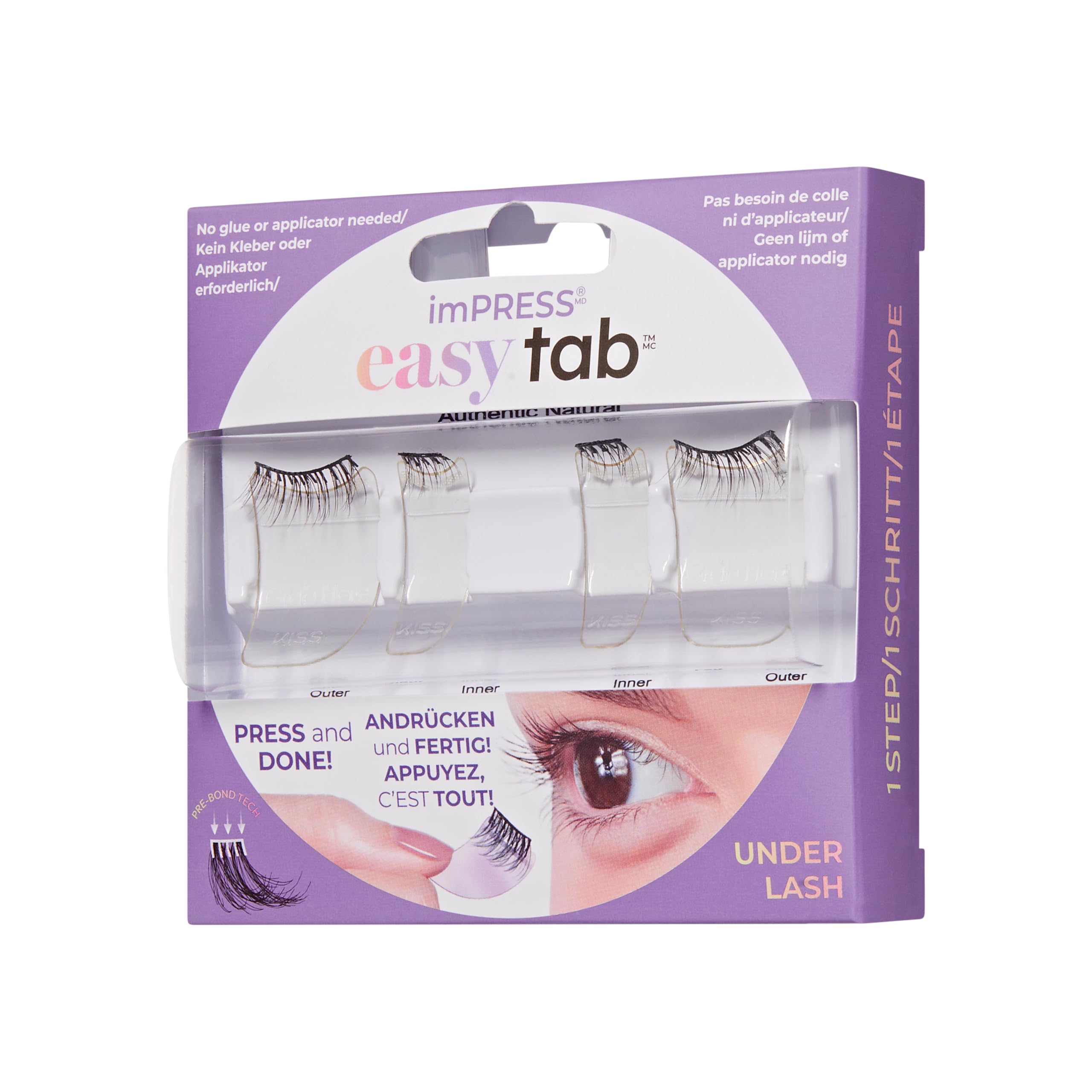 KISS imPRESS Press-On Falsies EASY TAB selbstklebende Wimpern, Schwarz, 'Authentic Natural', 1 Paar 5mm-7mm innere natürliche Volumen-Wimperncluster & 1 Paar 7mm-9mm äußere halbe Wimpern mit Easy Tabs
