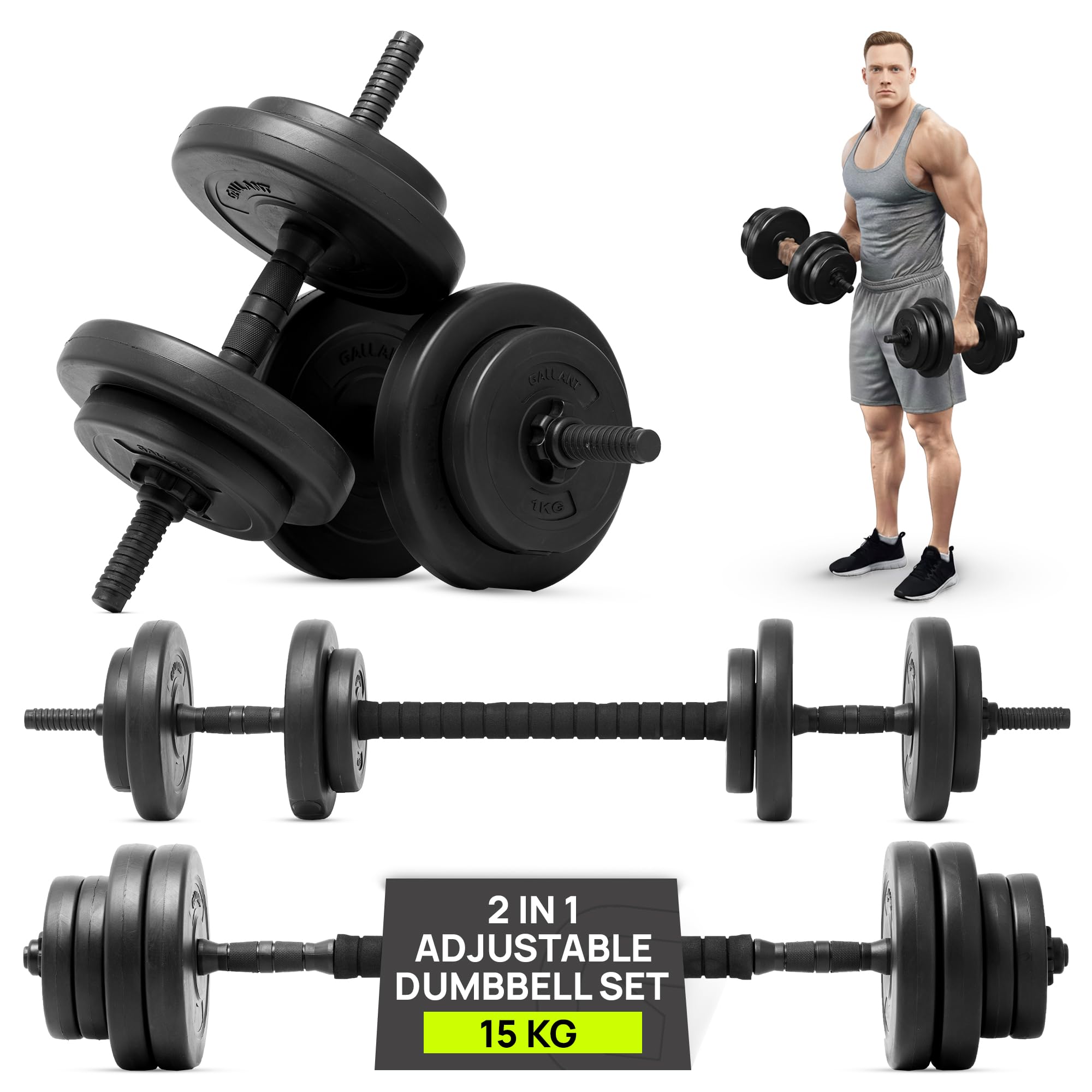 Gallant Adjustable Dumbbells Set 15KG, Non Slip Grip Weights Dumbbells Set Women and Men, Home Gym Equipment for Weight Lifting and Bodybuilding - Barbell Weights Set for Strength Training