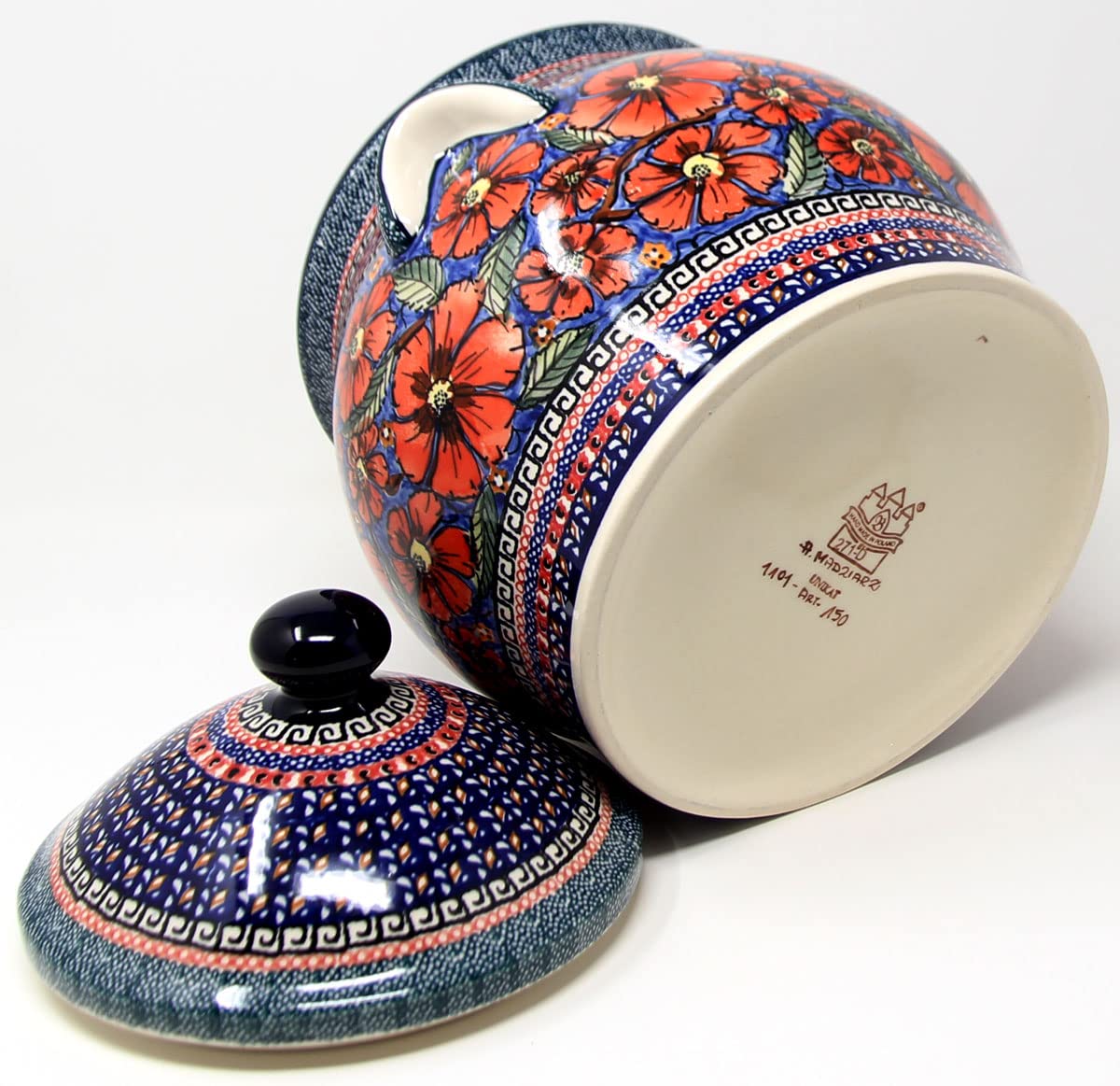 Extra Large 6 Quart Polish Pottery Cookie Jar/Canister in Poppies Unikat Pattern from Zaklady, signed by Lidia Kulka