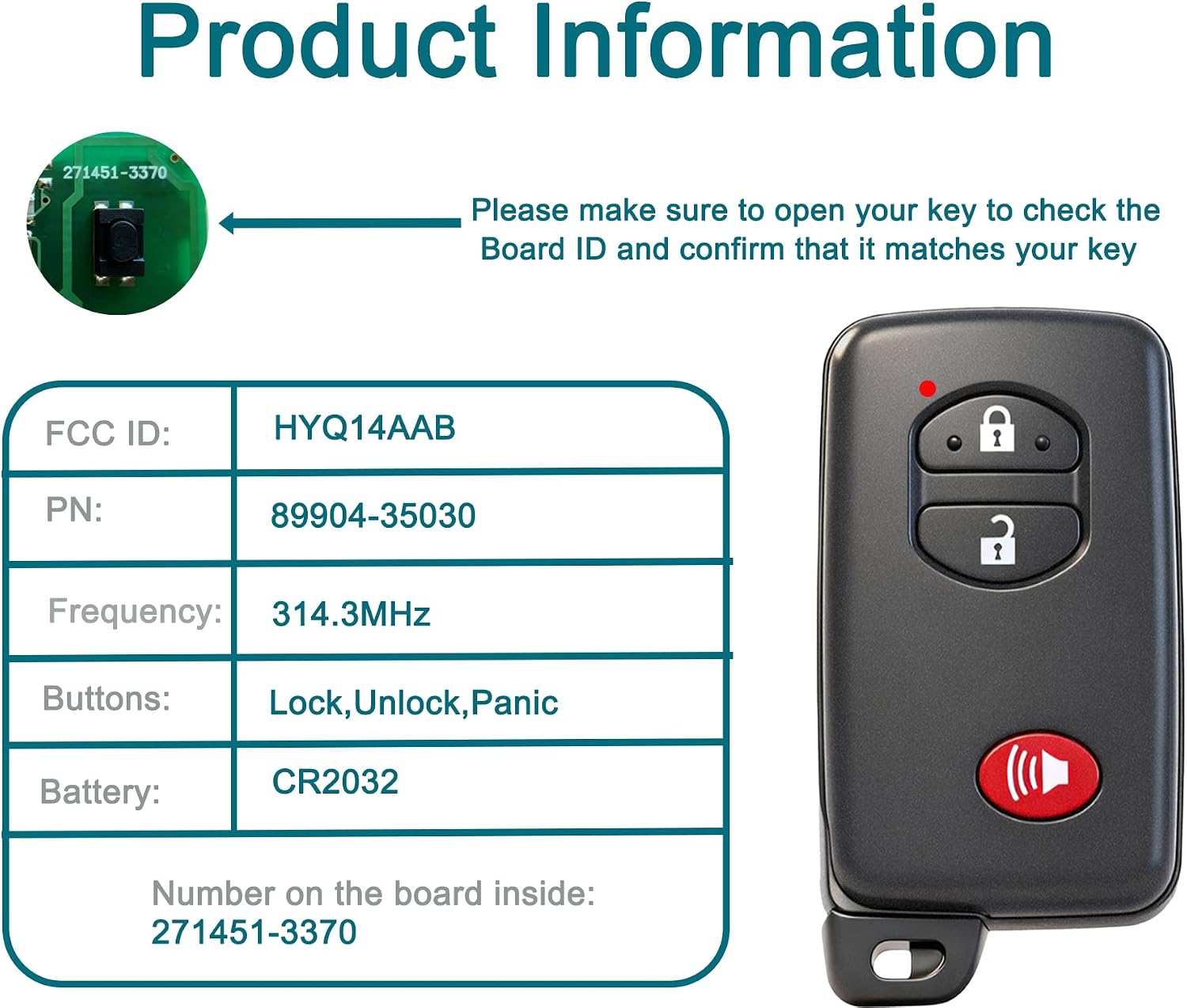 Smart Key Fob for Highlander 2007-2014, FengRKey Remote Control Key Fob Compatible with Toyota Highlander 2007-2014 HYQ14AAB 271451-3370 89904-35030