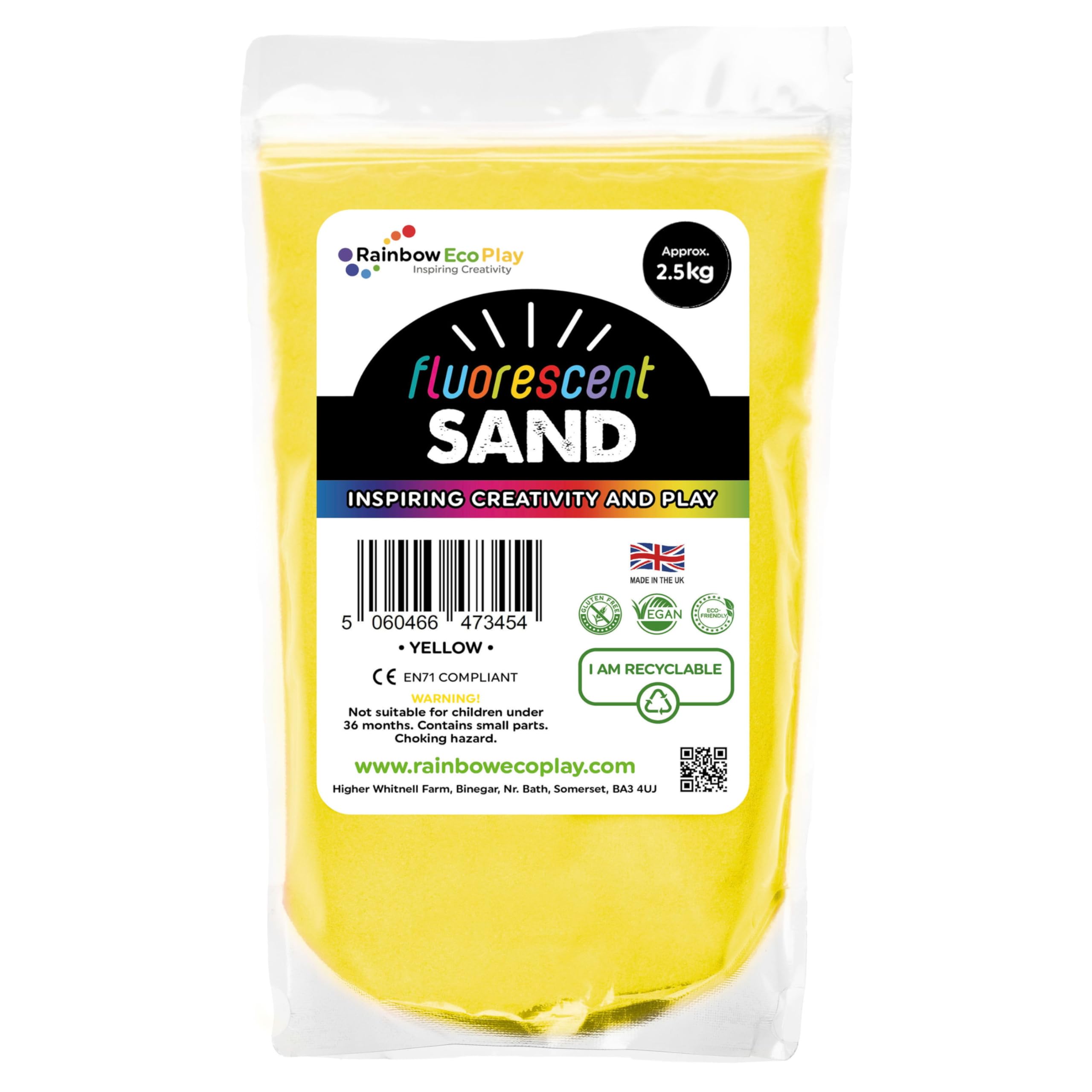 Rainbow Eco Play – Fluorescent Coloured Sand – 2.5kg - Decorative Sand Art Kit for Kids – Craft Childrens Play Sand – Aquarium - Yellow