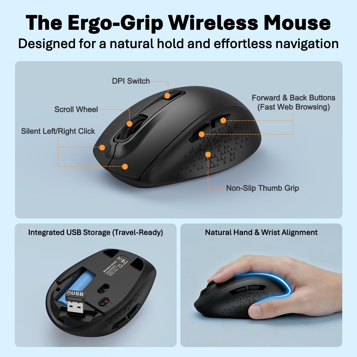 Tastiera wireless e mouse combinata, set di computer ergonomico di dimensioni standard con poggiapolsi, USB 2.4G senza lag, digitazione silenziosa, clic silenzioso, spegnimento automatico per PC, Mac