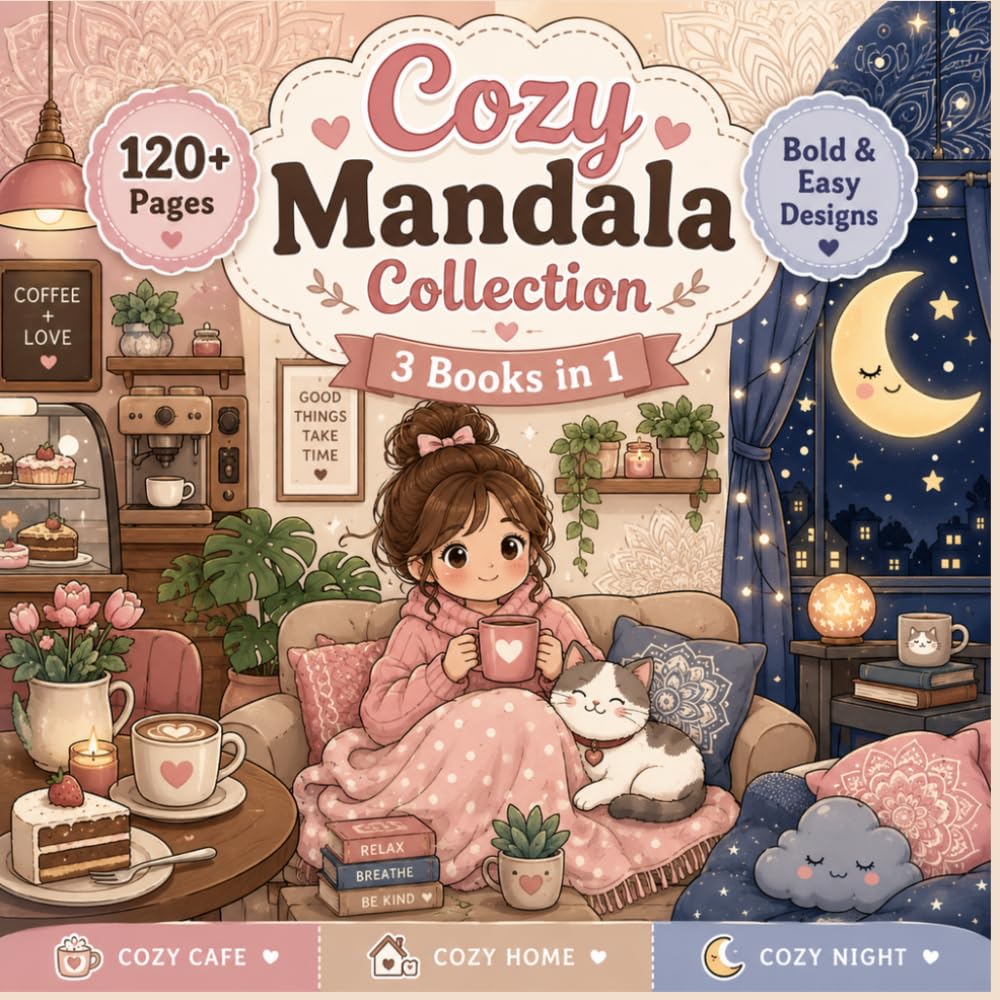 Cozy Mandala Collection Coloring Book for Kids & Adults: Relaxing Bold Easy Designs with Cozy Café, Home & Night Themes