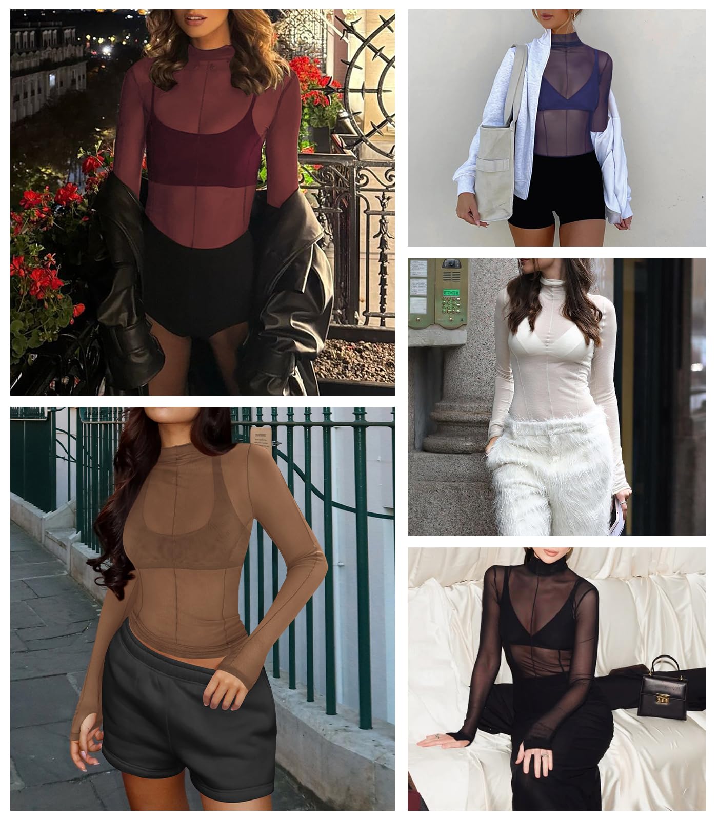 Hragc Haut à manches longues en maille transparente pour femme, col montant, taille L | Haut sexy transparent à col roulé pour femme, t-shirt en dentelle extensible, chemisier de concert, tenue de raves