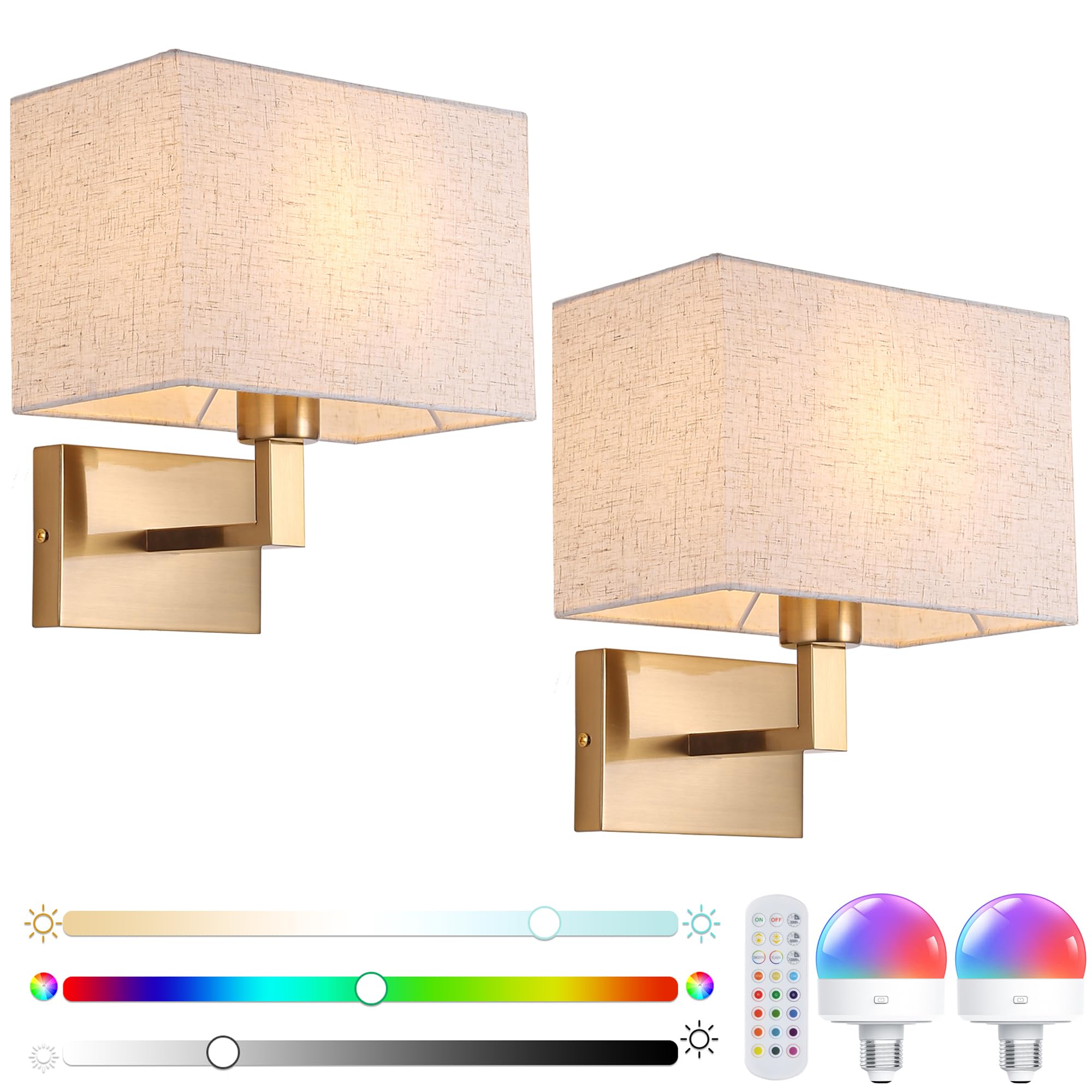2 Piezas Lámpara de Pared Por Pilas Sin Cable con Mando a Distancia, Aplique de Pared Regulable Recargable con Pantalla de Tela Para Dormitorio Salón Pasillo Escalera, Oro