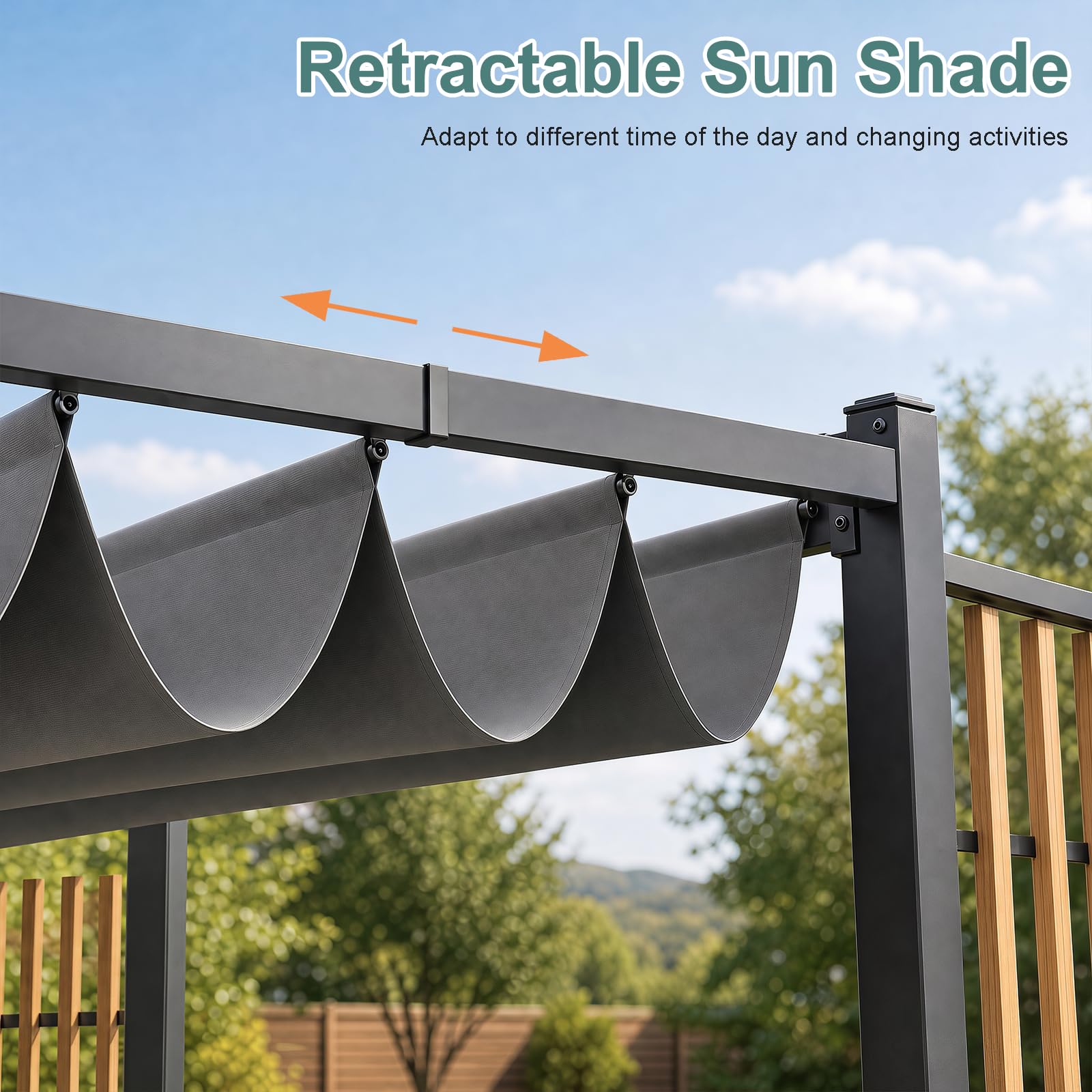 GOPLUS 2,32x2,32 M Pérgola de Jardín con Techo Retráctil y Pantallas | Cenador Cuadrado para Exteriores con Laterales Ajust, Lona de Poliéster, Estructura Metálica, Pabellón para Terraza, Gris