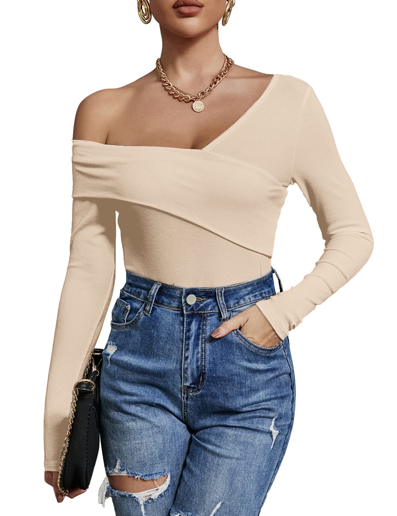 トップス yilon BIJOUOFFSHOULDERBLOUSE Women's Sexy Off The Shoulder Tops Long Sleeve Cross Wrap