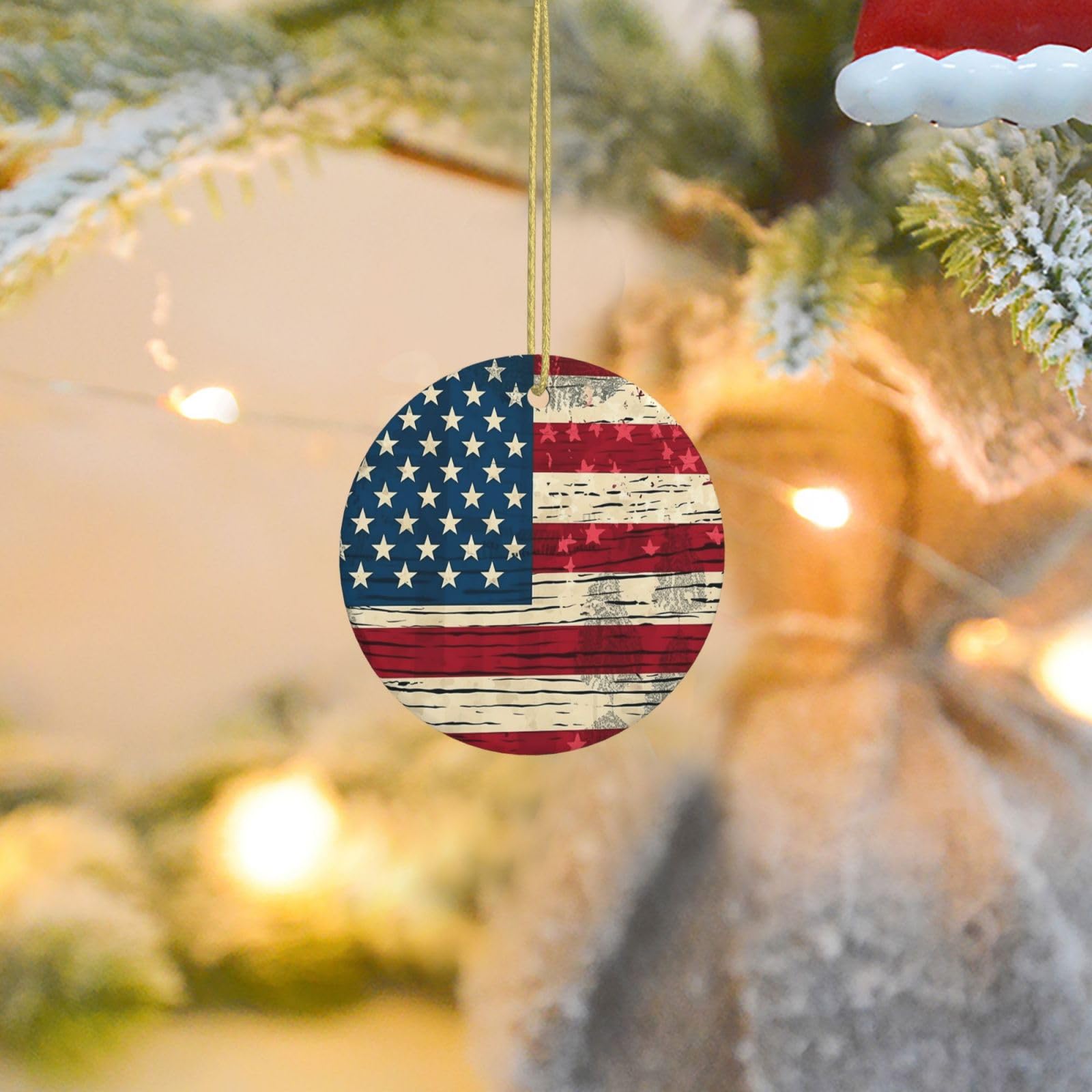 Christmas Tree Ornaments Ceramics Christmas Round Decorations American Flag Pattern Ceramics Ornaments Circle Pentagram Xmas Tree Hanging Pendant for Christmas Tree Party Holiday Home Decor