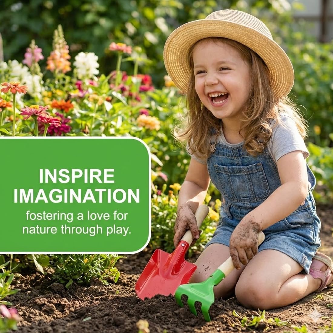 Kit de jardinería infantil de 6 piezas con pala, rastrillo y azada de metal y madera para jardín, balcón, terraza y cajón de arena.