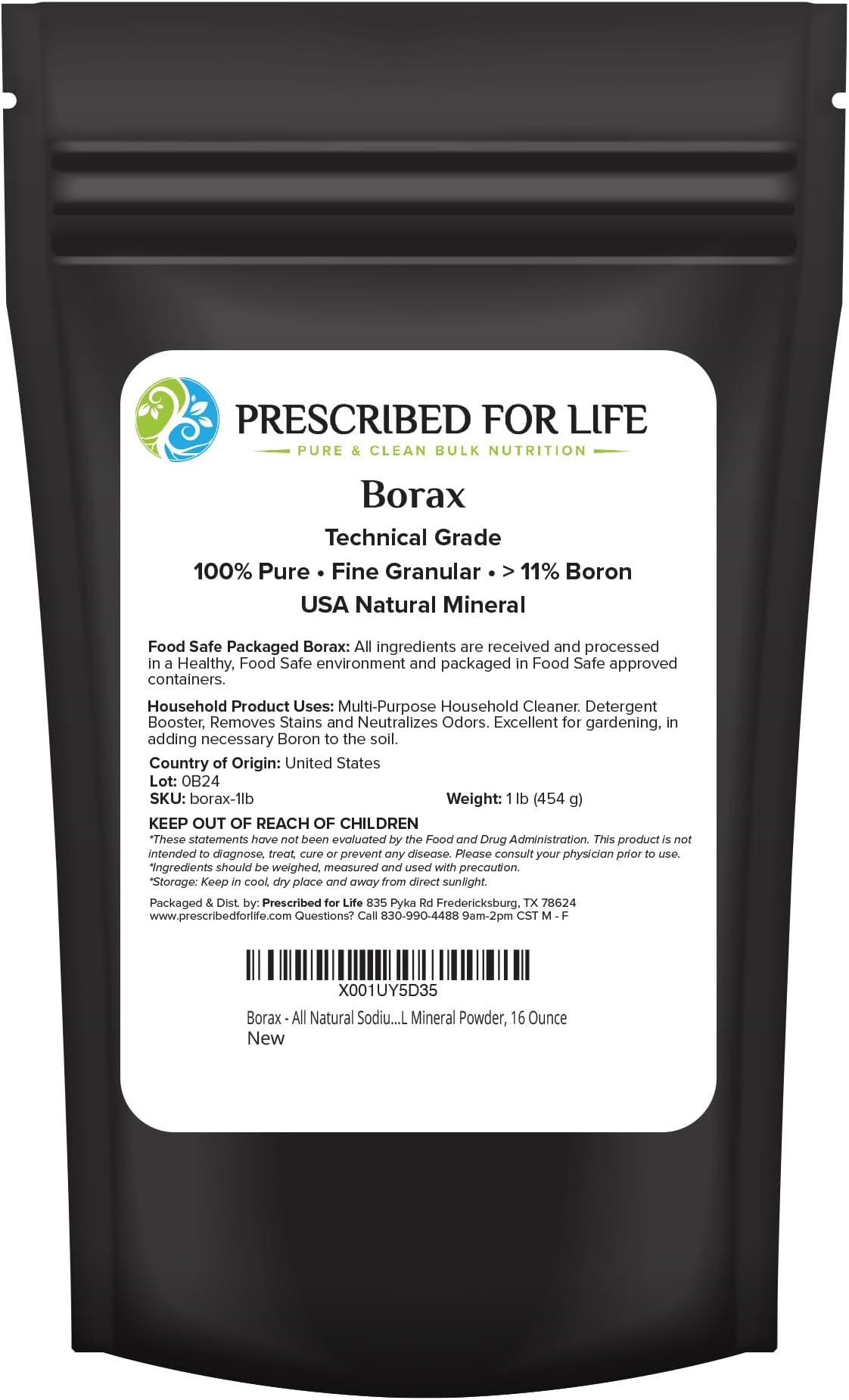 Prescribed for Life Borax Powder, Household Laundry Booster, Slime Activator & Multipurpose Cleaning Powder, All Natural Sodium Borate Powder, 1 lb