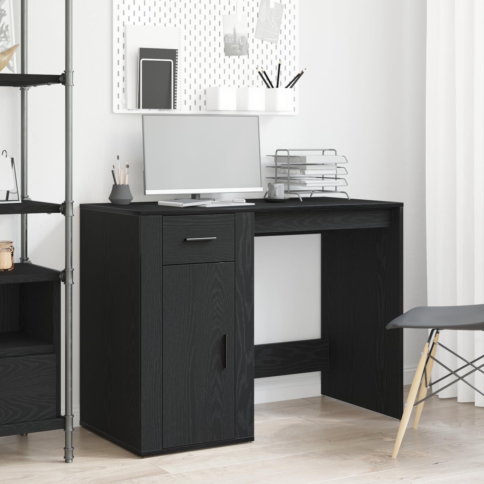 Moderner Schreibtisch Schwarz Eiche 100x49x75 cm Holzwerkstoff mit Schublade und Schrank für Büroorganisation
