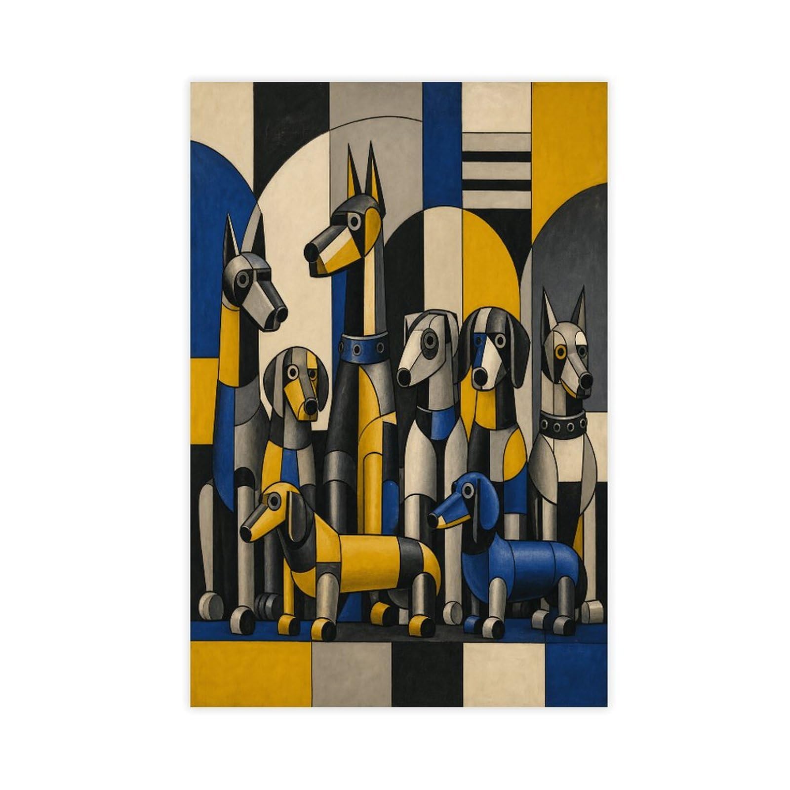 W7c8u2x3 Unframe-Style-1 Geometric Dog Pack Canvas Wall Art, Cubist Reading Corner