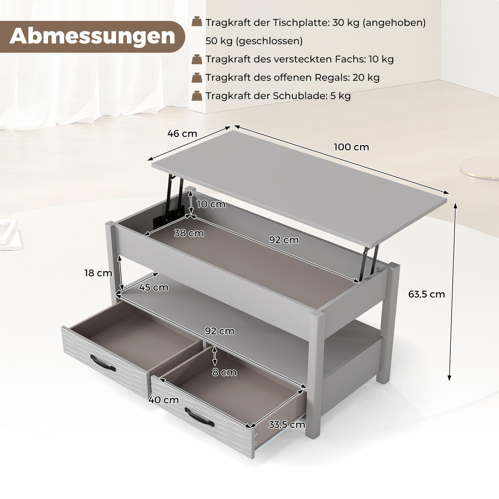 COSTWAY Couchtisch Höhenverstellbar, Sofatisch mit offene Ablage & 2 Schubladen, Wohnzimmertisch mit anhebbarer Tischplatte 50-63,5cm, Kafeetisch Holz für Wohnzimmer, Büro, Grau