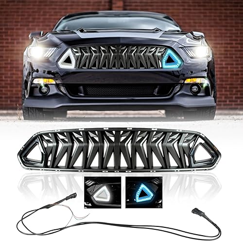 AILIECHO Parrilla frontal horizontal, parrilla de parachoques con capucha de tiburón negro mate para Ford Mustang 2018-2021 con LED y cableado, luz
