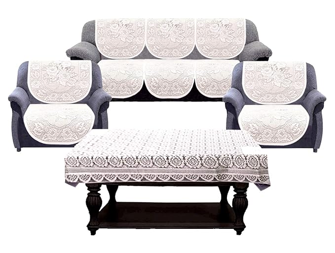 Kuber Industries Self Cotton 7 Piece 5 Seater Sofa Cover with Center Table Cover (Cream) - CTKTC22279