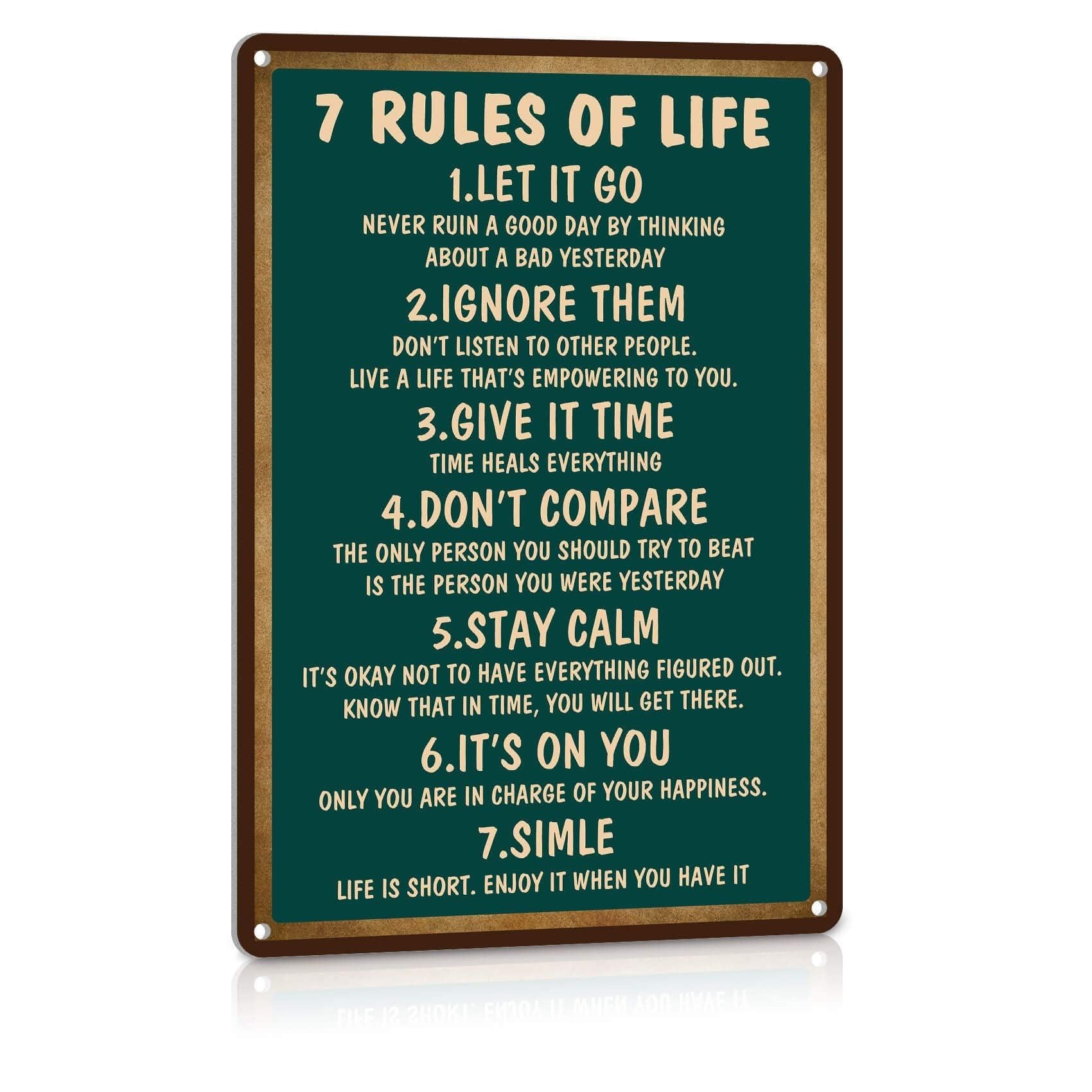 MCQWOMFQAK Vintage Farmhouse Metal Sign with 7 Rules of Life Inspirational Quote Motivational Decor for Bedroom Office Rustic Home Wall Art 8 X 12 in