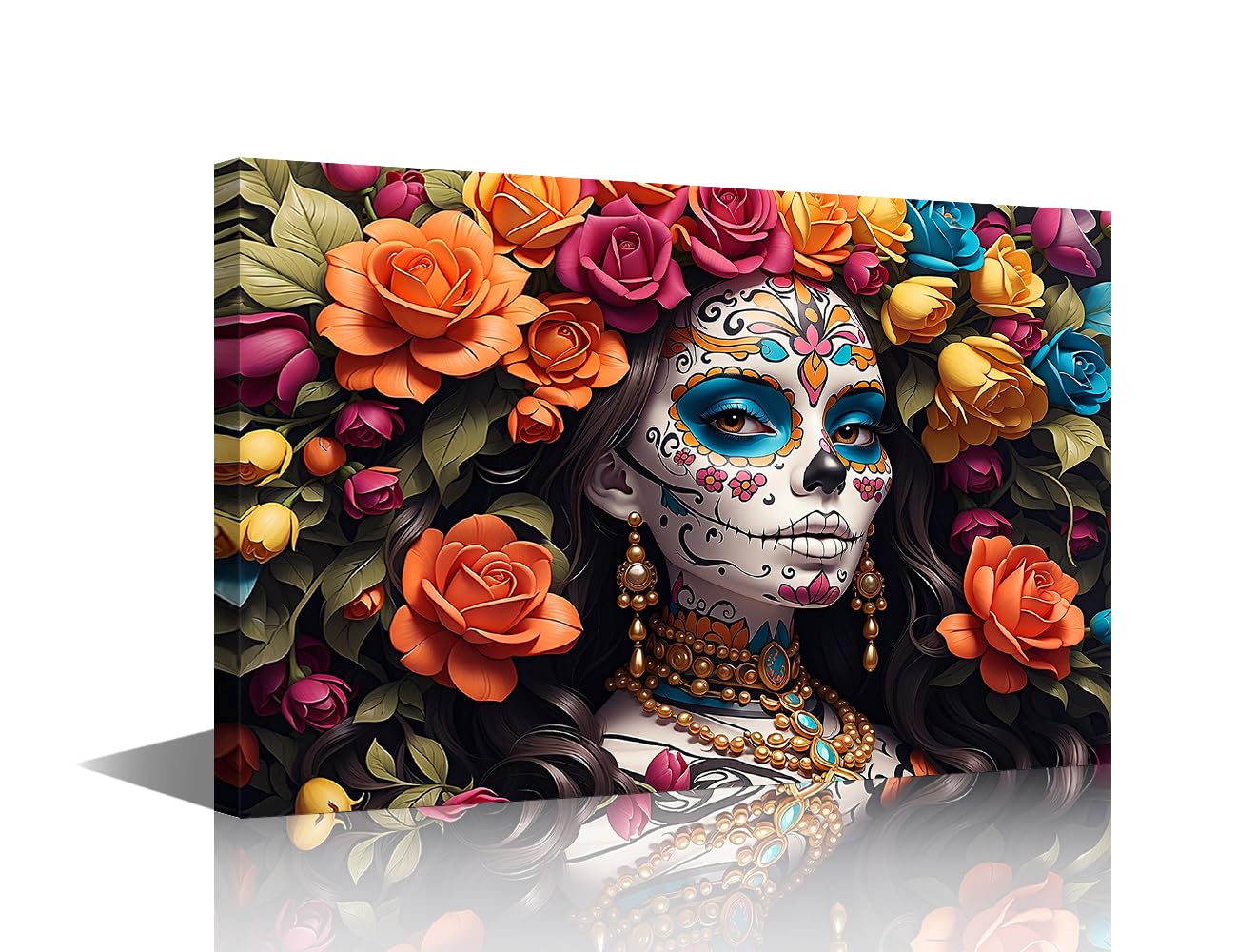 Canvas Wall Art Day of the Dead Wall Paintings 1 Piece Festive Mexican Heritage Woman Wall Decoration for Living Room Decor Mexican Wall Pictures for Bedroom Framed Ready to Hang (12''Wx 18''H)